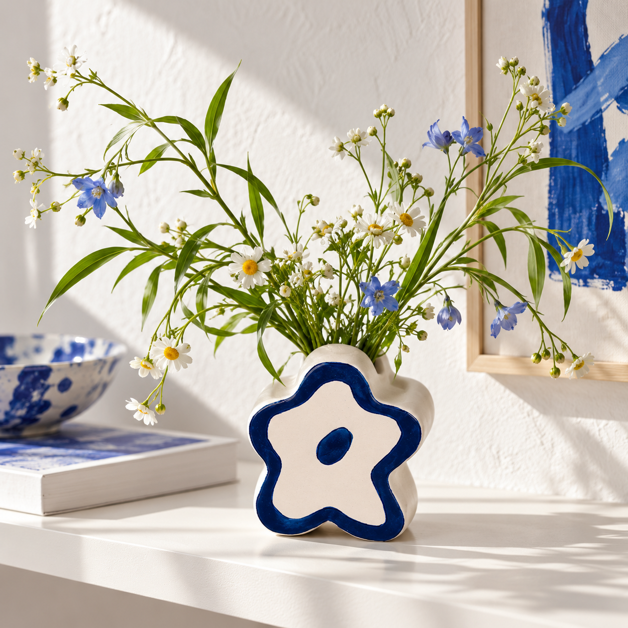 Cream & Cobalt Star-Form Ceramic Floral Vessel