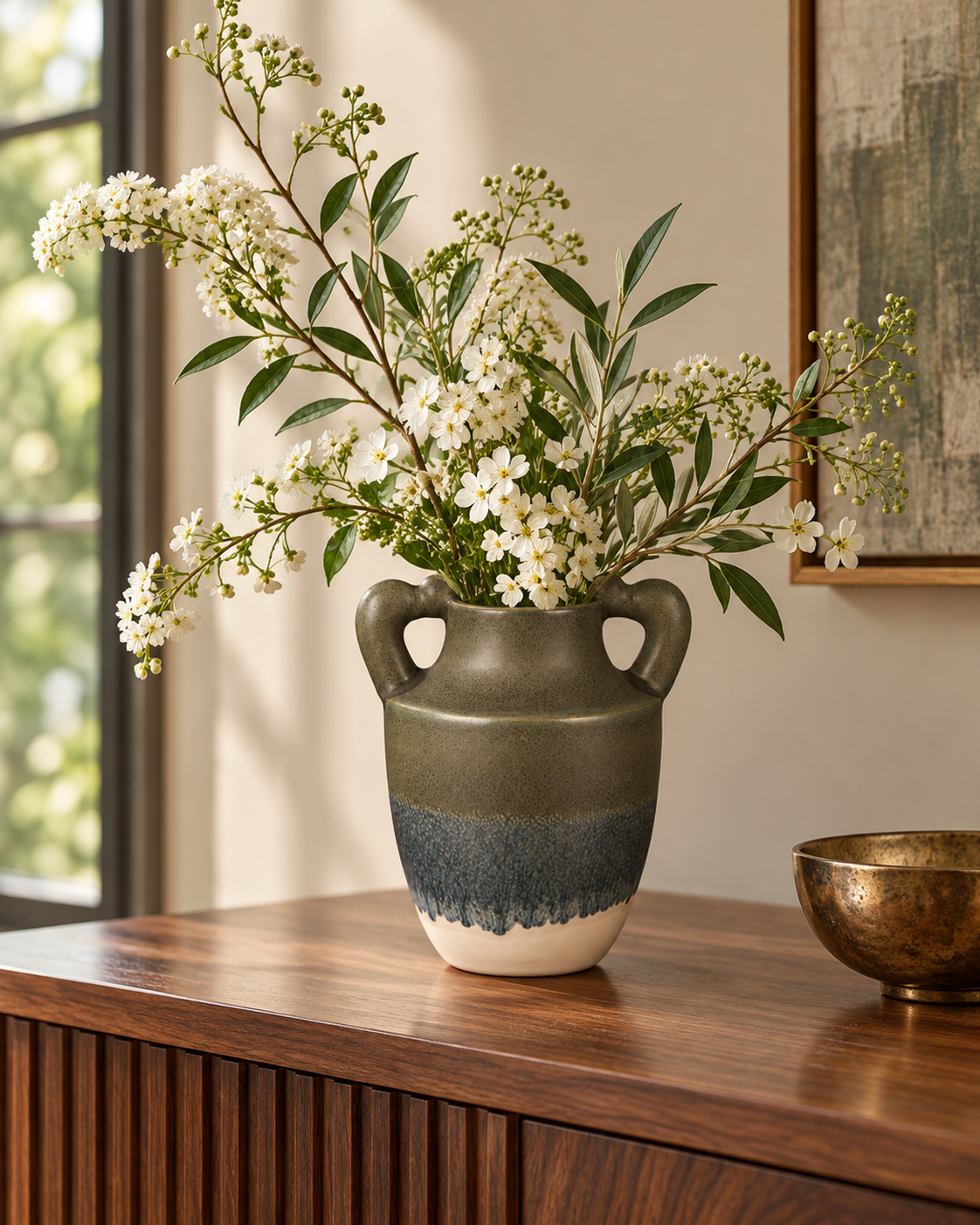 ATW-S252340-B charcoal drip twin-handle stoneware floral vessel with botanical arrangement in styled interior