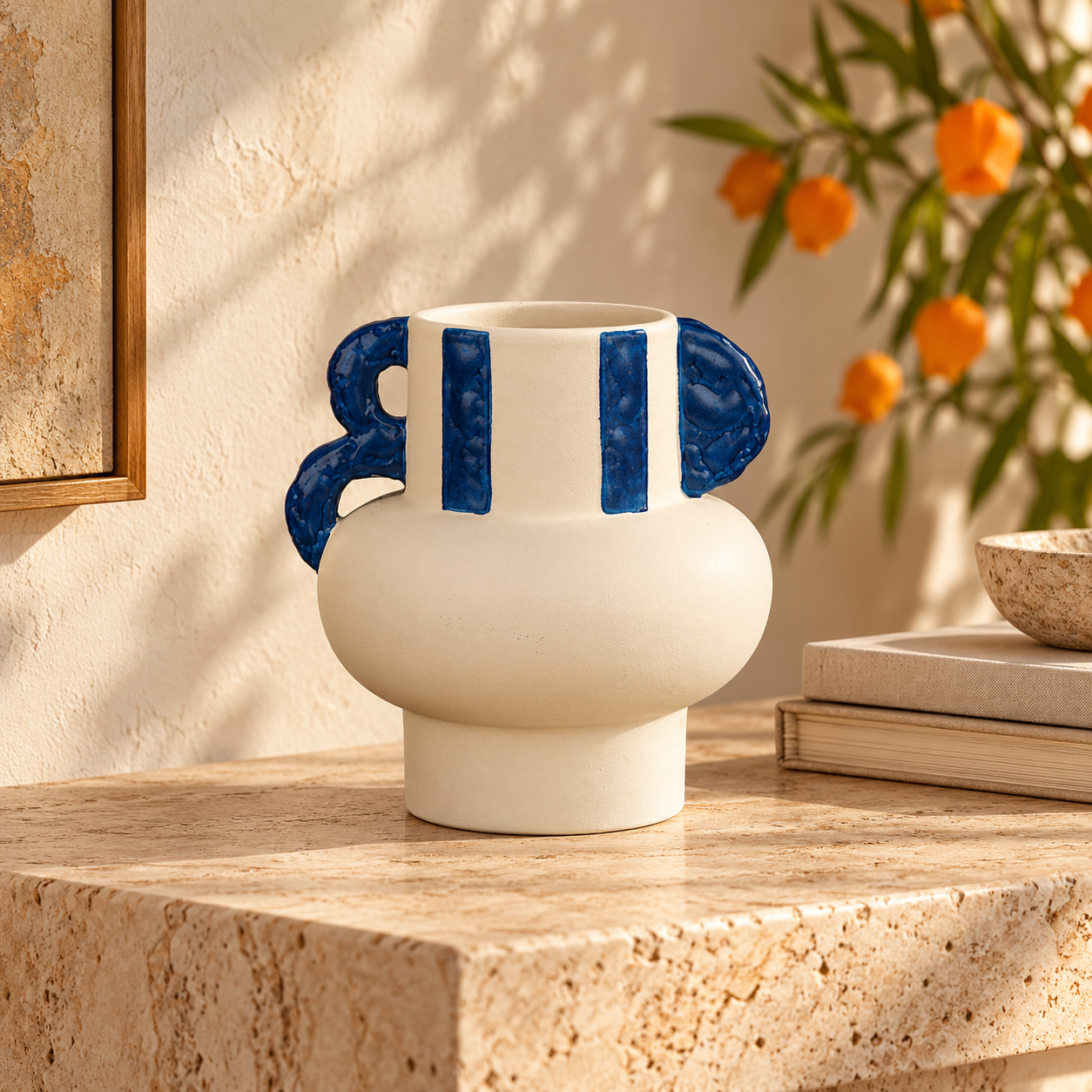 Cream & Cobalt Double-Loop Ceramic Floral Vessel