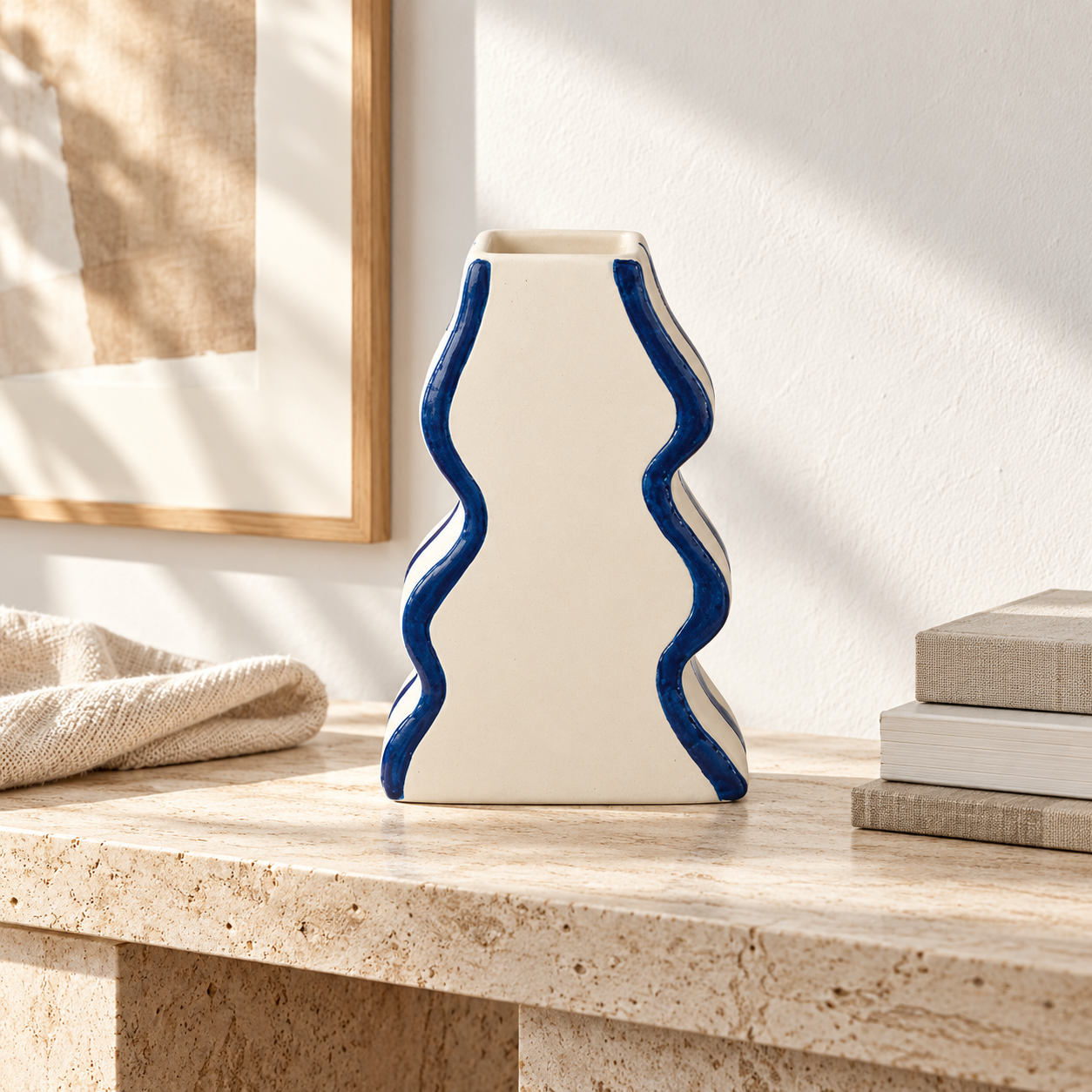 Tall Sculptural Wave Cream & Cobalt Ceramic Floral Vessel