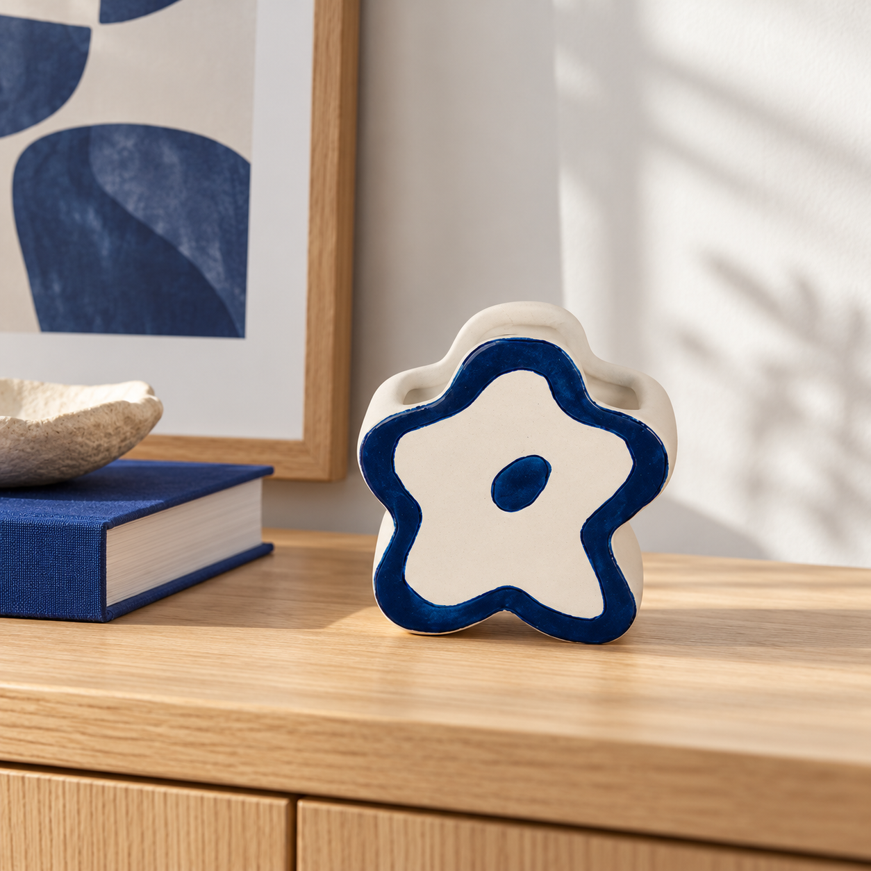 Cream & Cobalt Star-Form Ceramic Floral Vessel