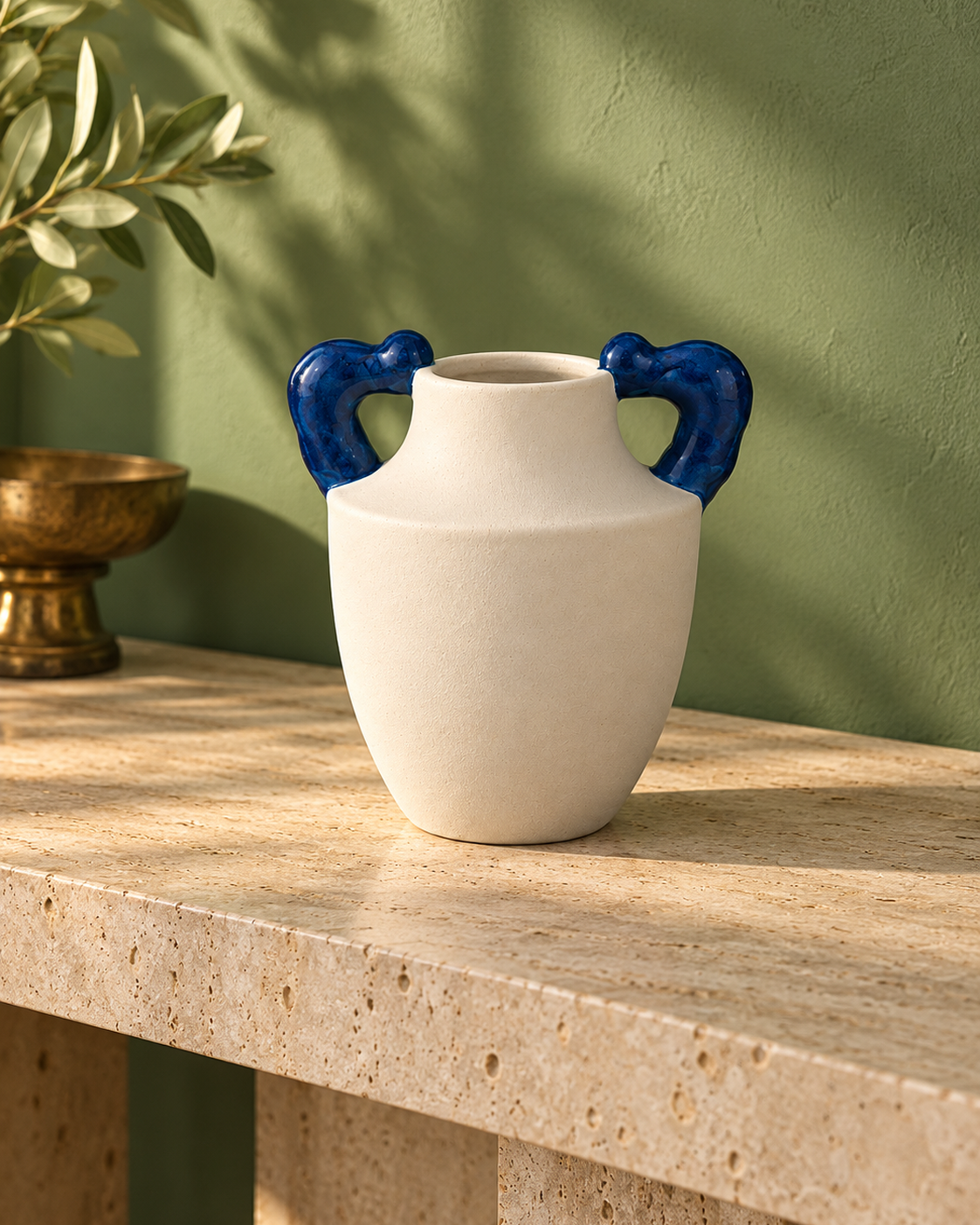 ATW-S252340-A cream and cobalt twin-handle stoneware floral vessel empty in styled interior