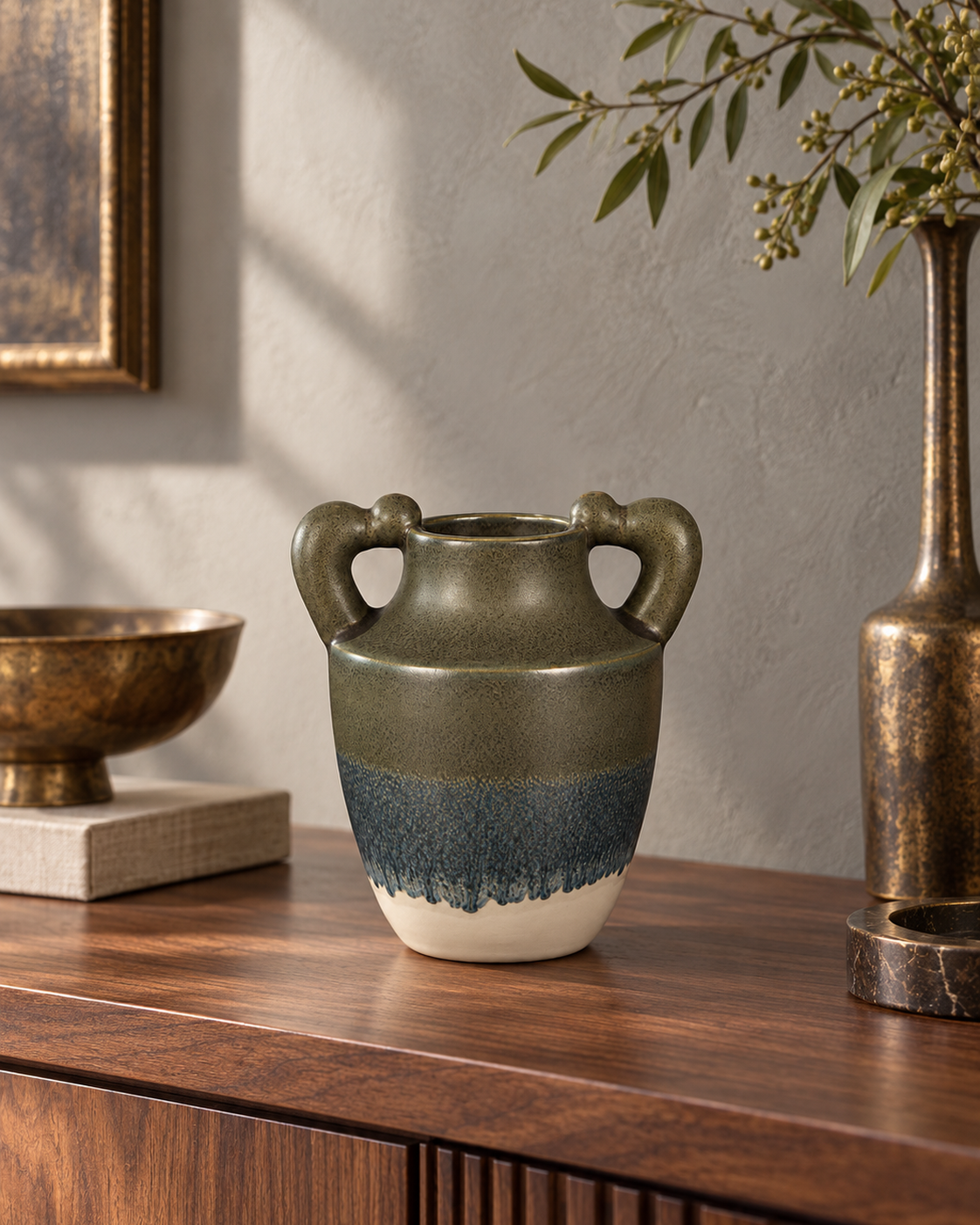 ATW-S252340-B charcoal drip twin-handle stoneware floral vessel empty in styled interior