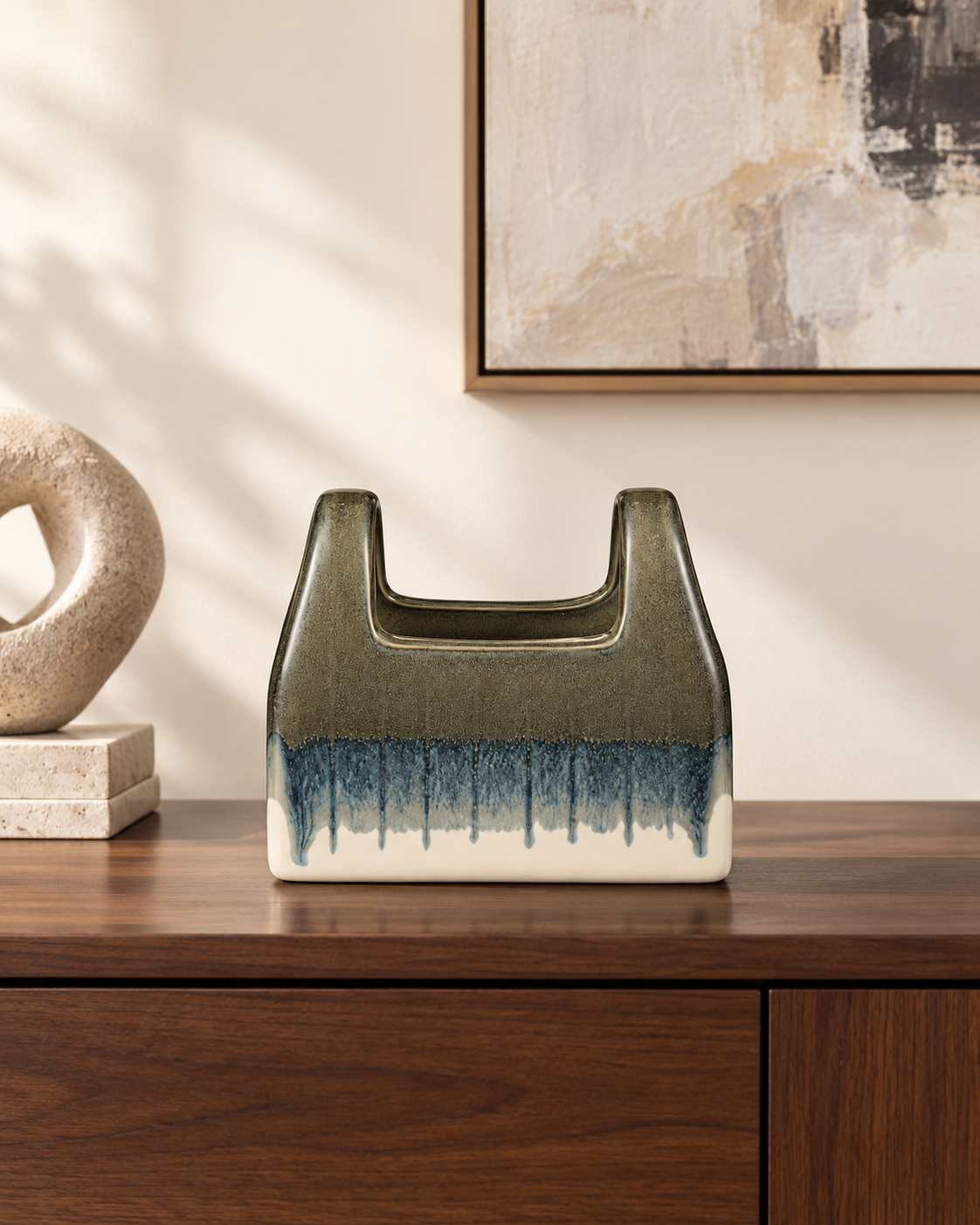 ATW-S252344-B charcoal drip basket-form stoneware floral vessel empty in styled interior