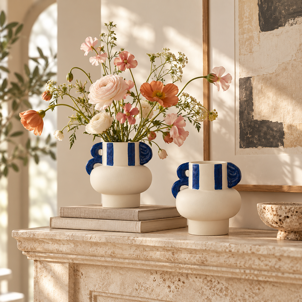 Cream & Cobalt Double-Loop Ceramic Floral Vessel