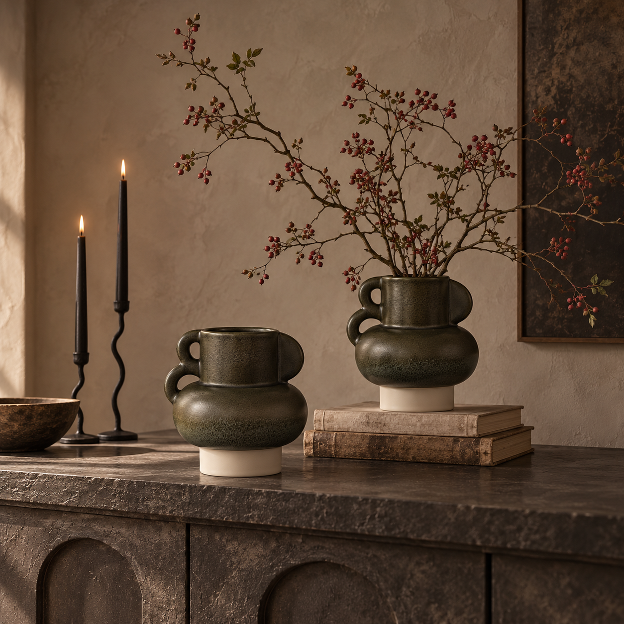 Charcoal Drip Double-Loop Ceramic Floral Vessel