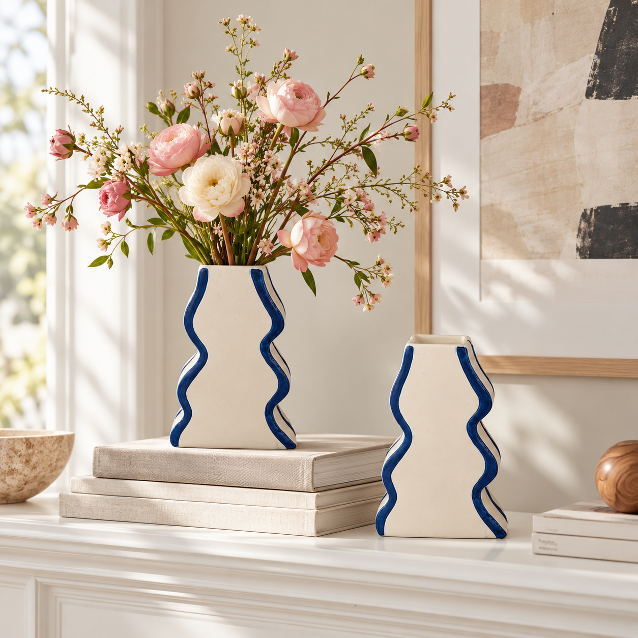 Tall Sculptural Wave Cream & Cobalt Ceramic Floral Vessel