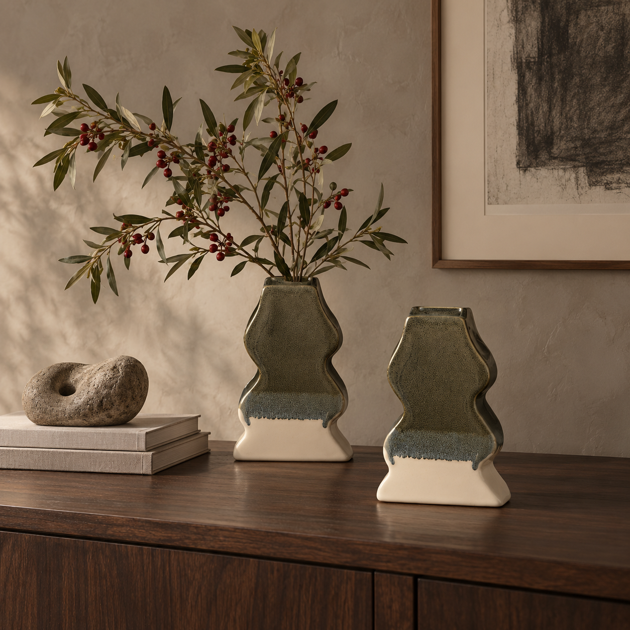 Tall Sculptural Wave Charcoal Drip Ceramic Floral Vessel