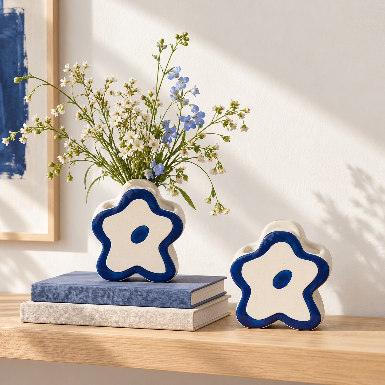 Cream & Cobalt Star-Form Ceramic Floral Vessel