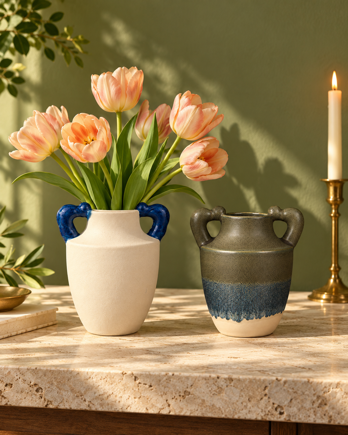 ATW-S252340-A paired A and B ceramic vessels in styled interior