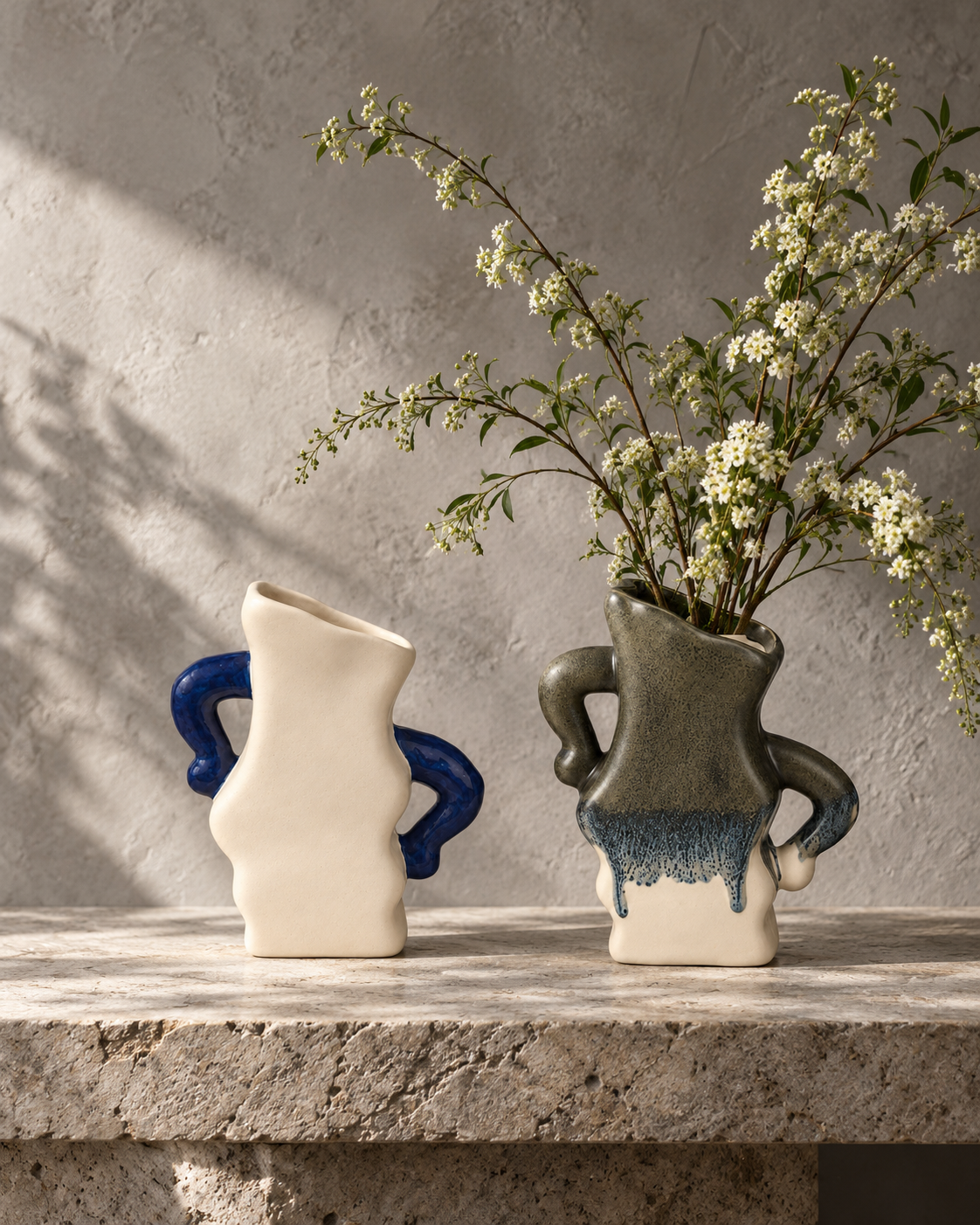 ATW-S252342-B paired A and B ceramic vessels in styled interior