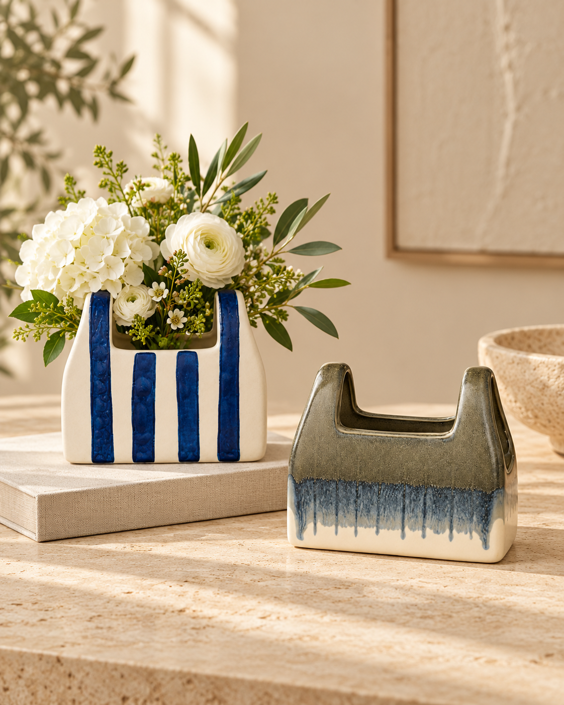 ATW-S252344-A paired A and B ceramic vessels in styled interior