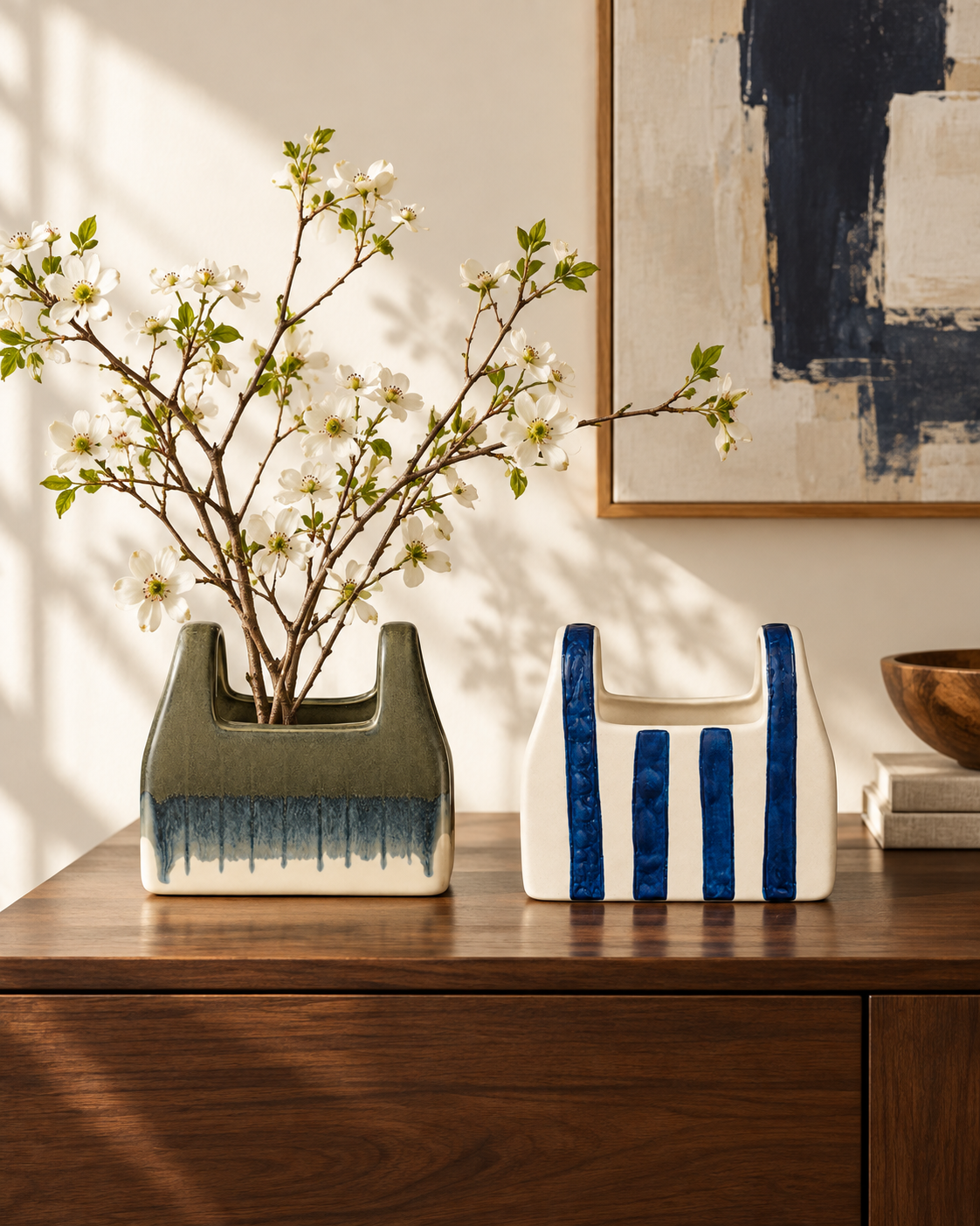 ATW-S252344-B paired A and B ceramic vessels in styled interior