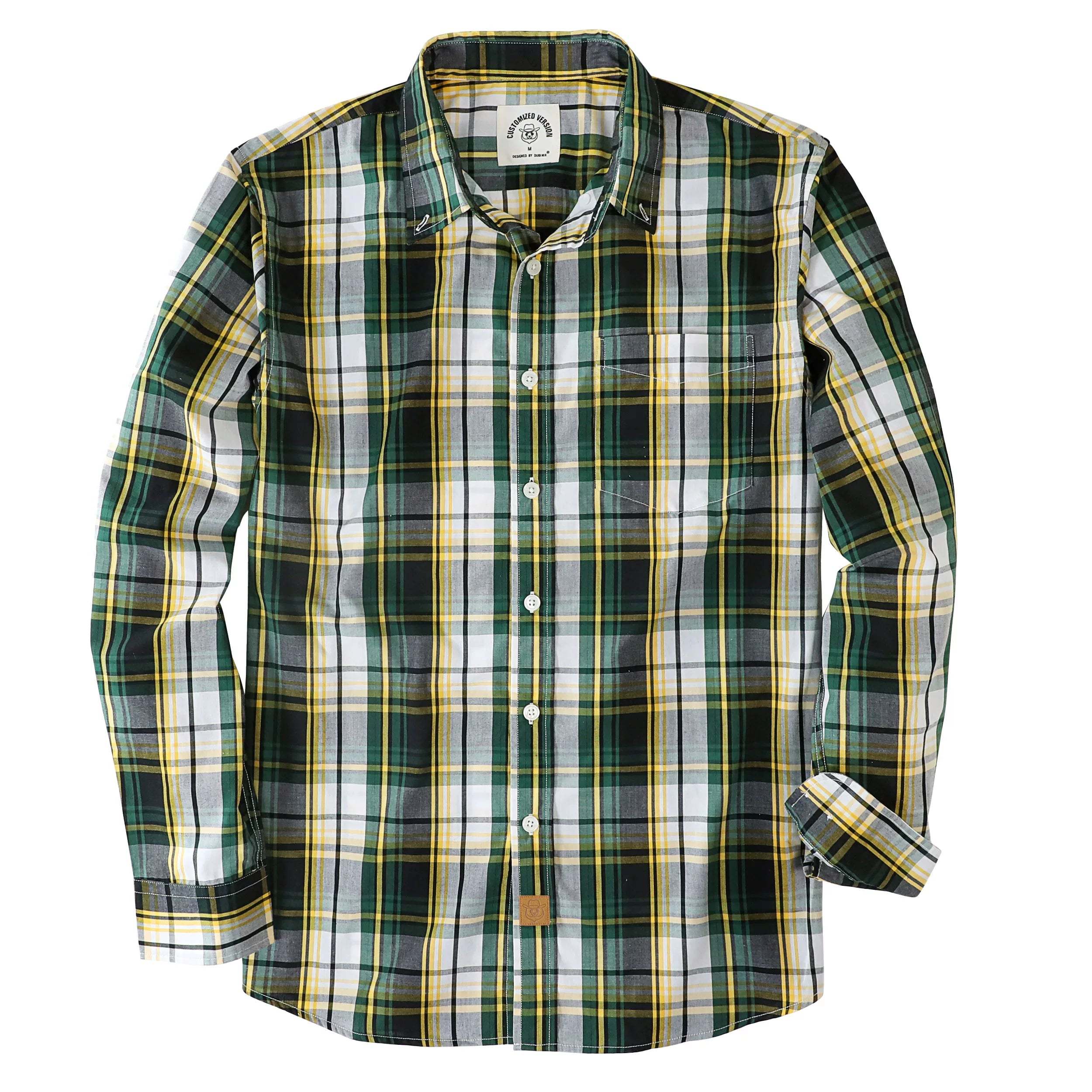 Dubinik? 3.2oz Mens Long Sleeve Casual Button Down Vintage Green Plaid Shirts#52004