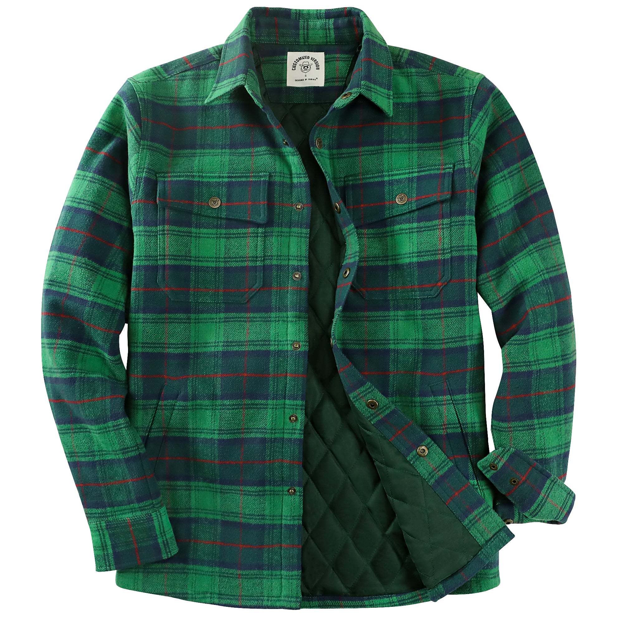 Dubinik? 10.8oz Men’s Overshirt Shacket – Cozy Warm-Lined Green Plaid Flannel, Lightweight Casual Button-Down Long Sleeve Jacket #0181009