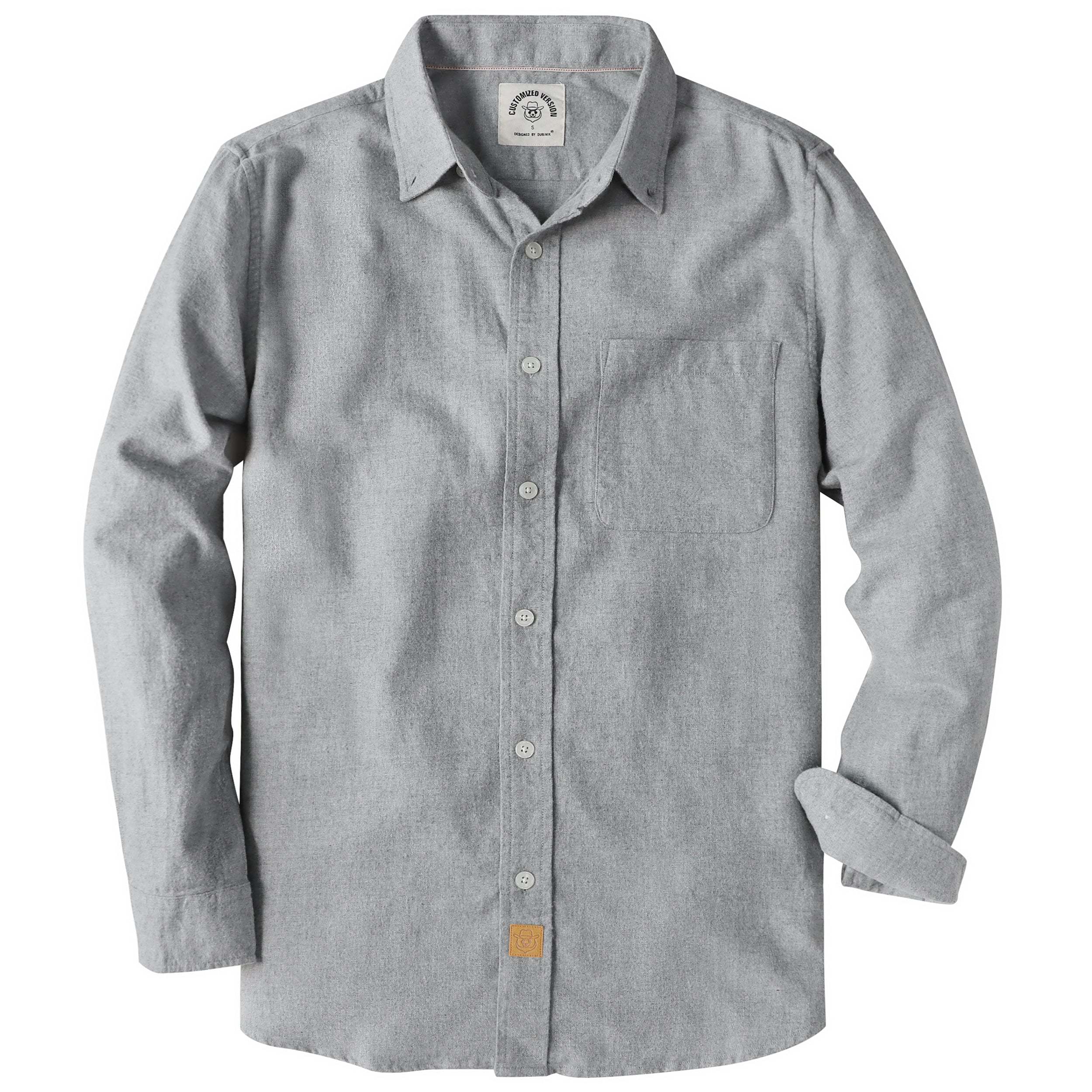 6oz Men's Light Grey Solid Plaid Flannel Long Sleeve Shirts #0304