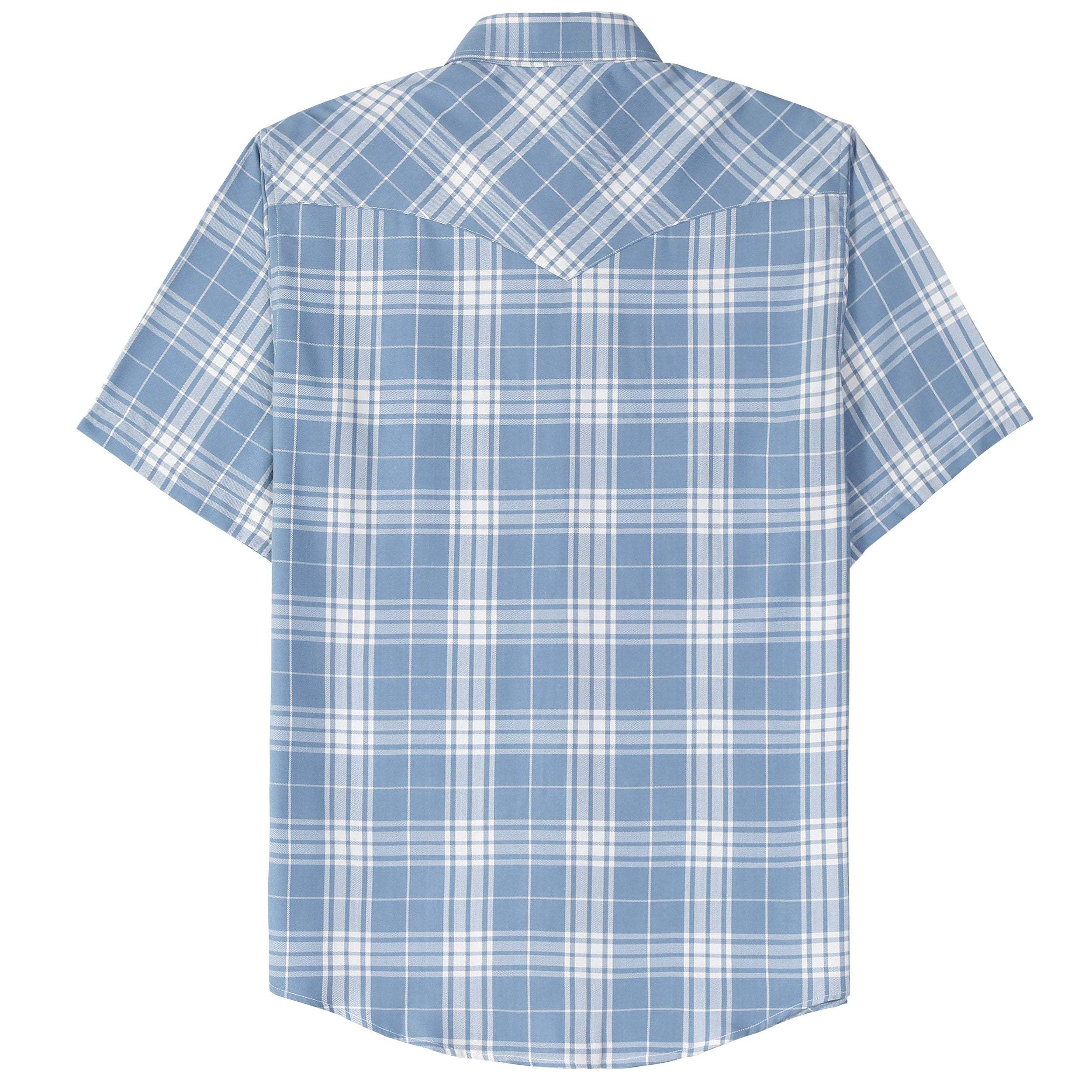 Dubinik?Bamboo Fiber Mens Western Cowboy Pearl Snap Checkered Blue White Plaid Vintage Casual Short Sleeve Shirt #2914