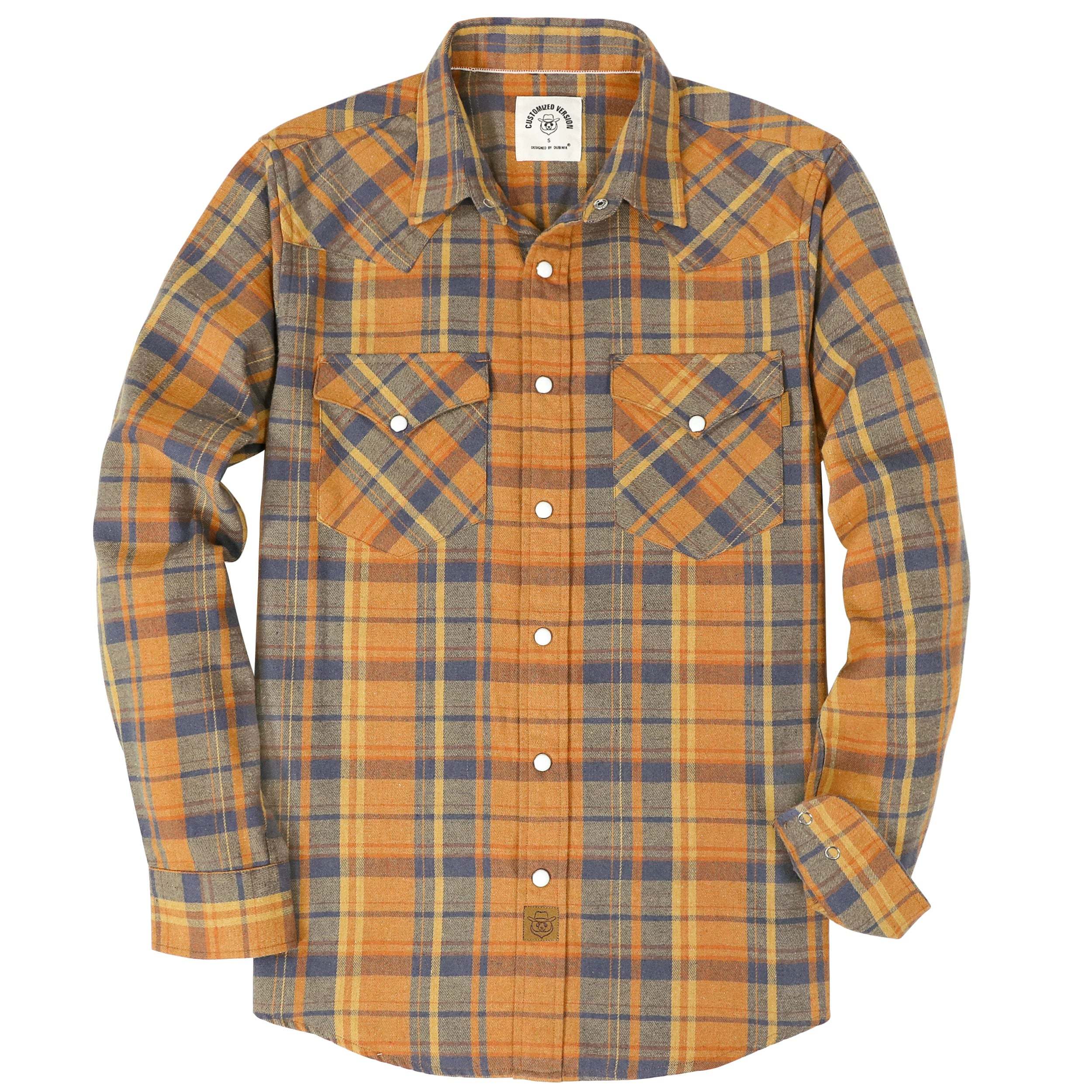 Dubinik? 6oz Flannel Shirt For Men Western Cowboy Pearl Snap Shirts For Men Long Sleeve Vintage Buttons Down Plaid Shirt #28009
