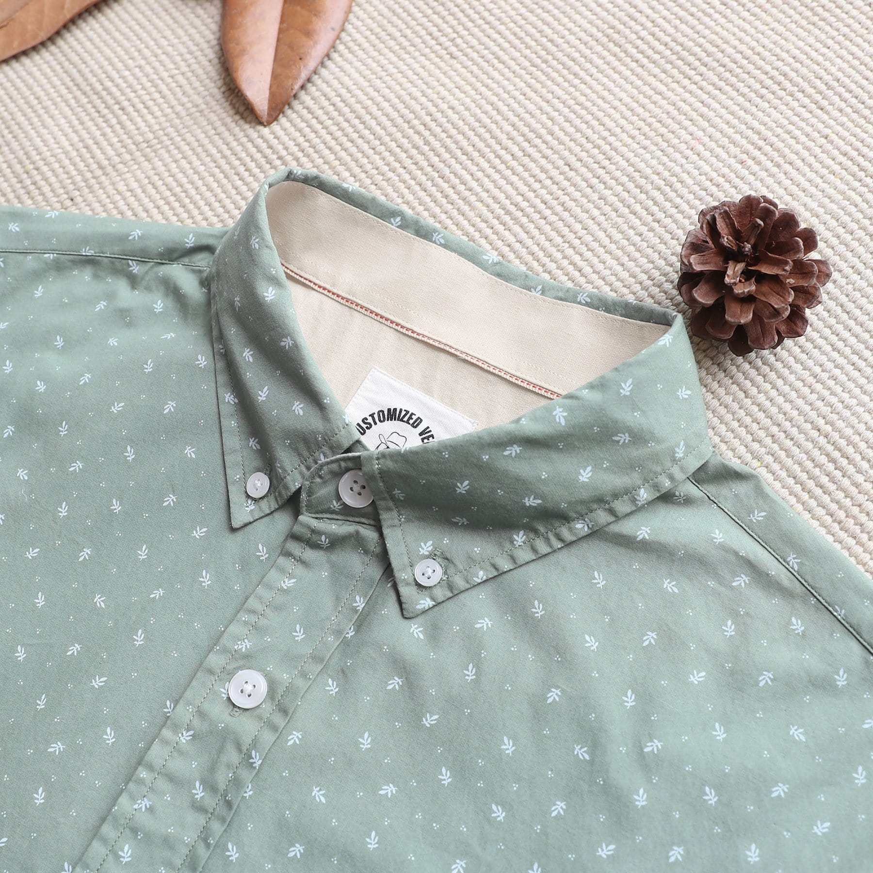Men's casual short-sleeved cotton Light green Floral shirt #0100