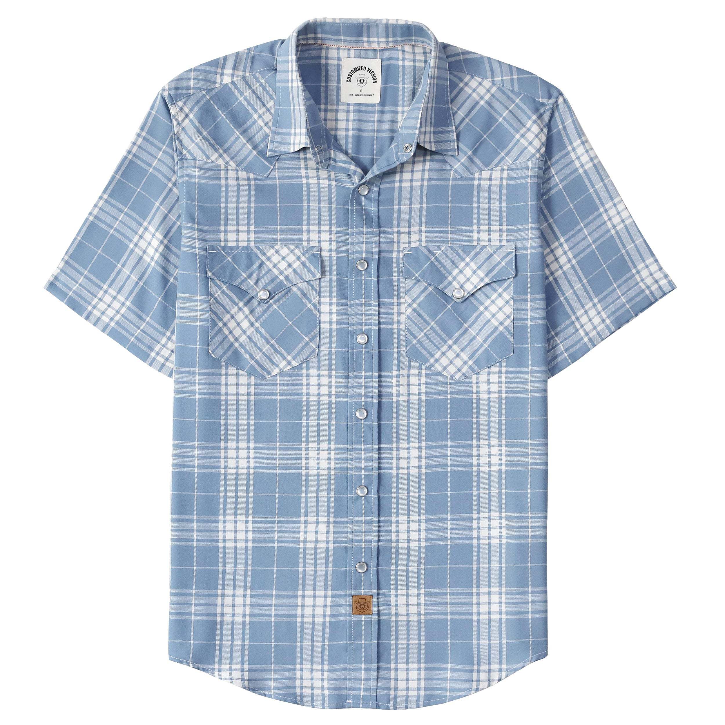 Dubinik?Bamboo Fiber Mens Western Cowboy Pearl Snap Checkered Blue White Plaid Vintage Casual Short Sleeve Shirt #2914