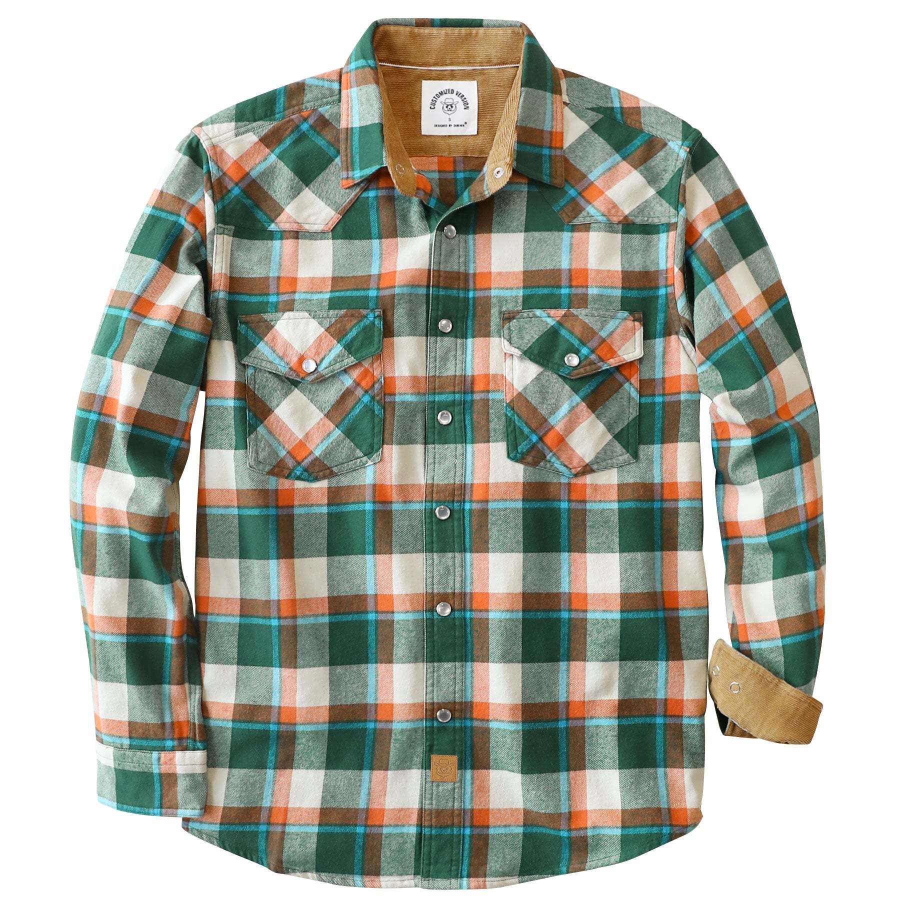 Dubinik? 6oz Men's Long Sleeve Pearl Snap Midweight Green Flannel Western Cowboy Christmas Tree Colors Plaid Shirts 100% Cotton#36009