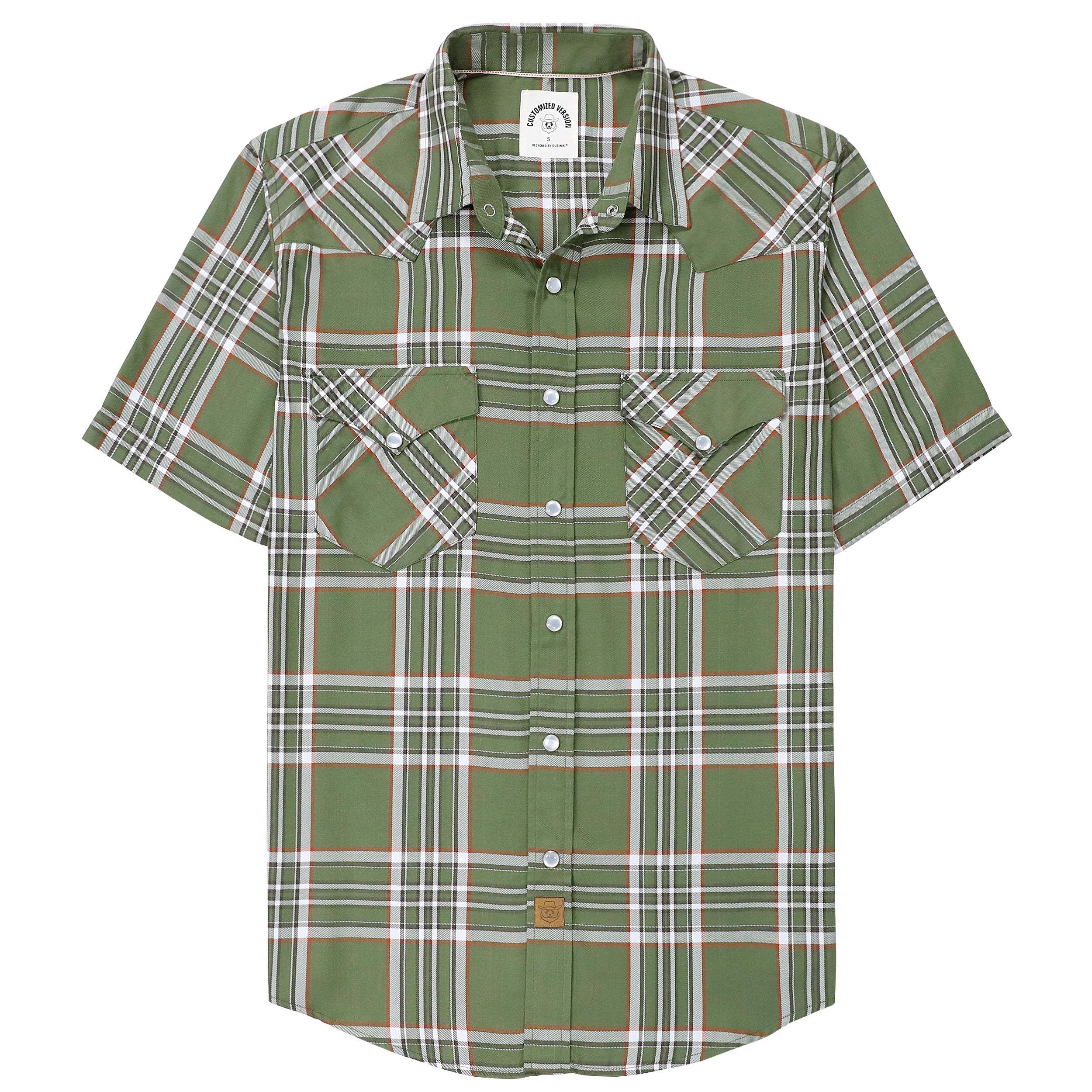 Dubinik?Bamboo Fiber Mens Shirts Short Sleeve Army Green Plaid Shirt Men Western Cowboy Pearl Snap Vintage Casual Plaid Shirt #29301