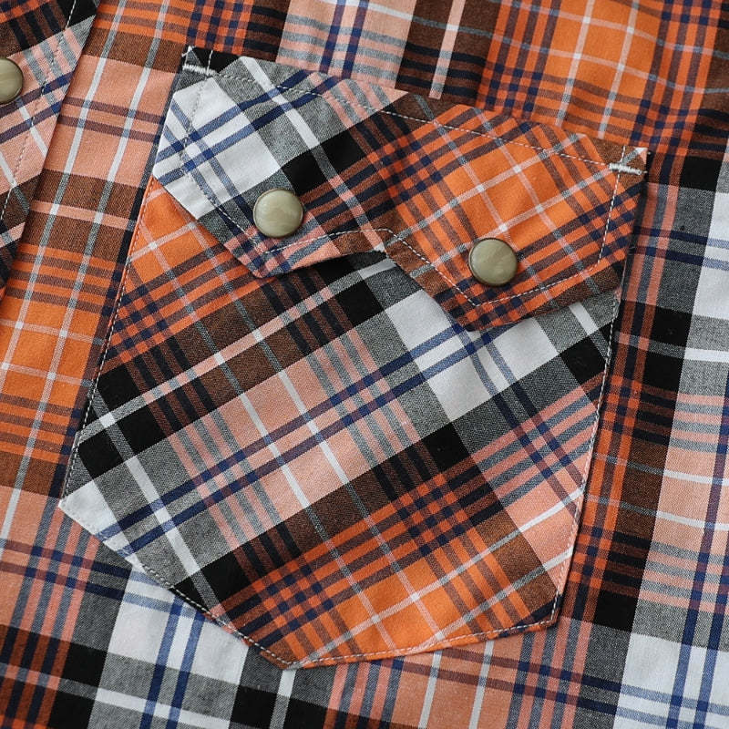 Dubinik? Men's Pearl Snap Sawtooth Pocket Western Plaid Shirt Short Sleeve#47014