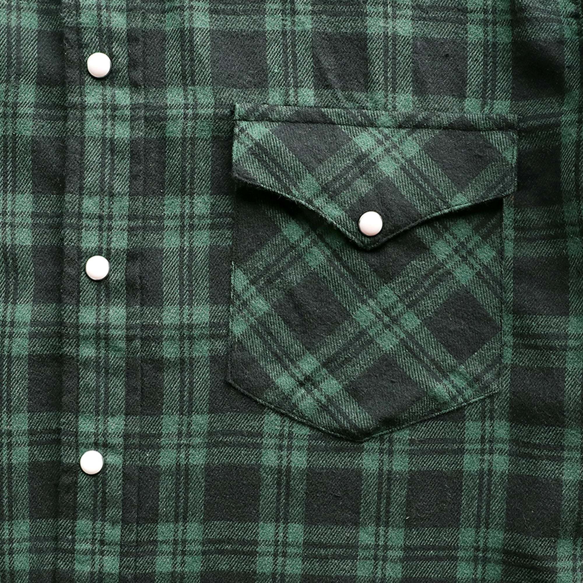 6oz Mens Green Flannel Long Sleeve Pearl Snap Buttons Western Cowboy Vintage Casual Shirts #2807