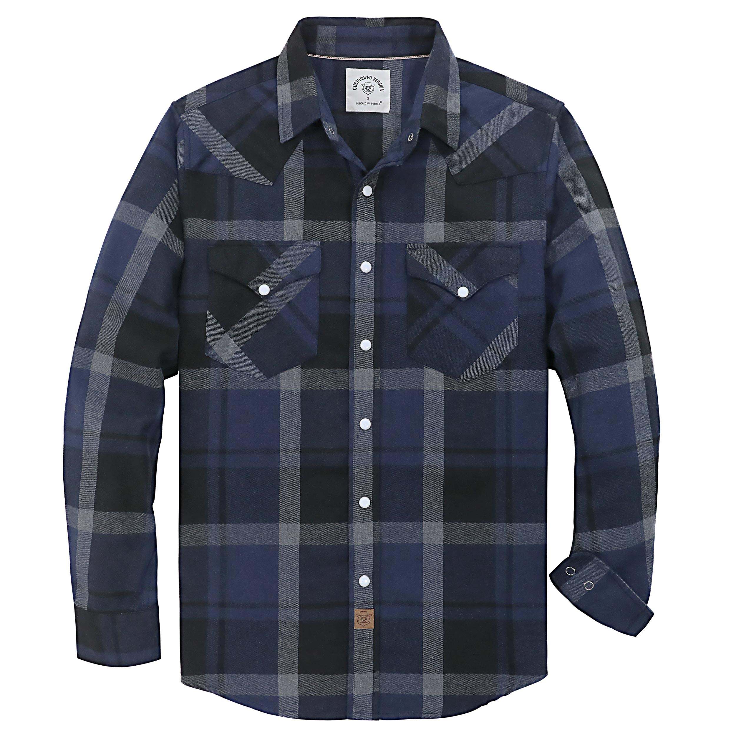 Dubinik? 6oz Flannel Shirt For Men Western Cowboy Pearl Snap Shirts For Men Long Sleeve Vintage Buttons Down Plaid Shirt #28503