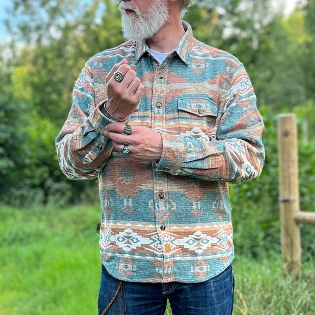 Dubinik? 8.1oz Ultra Heavyweight Mens Aztec Orange Green Flannel Shirt Long Sleeve Button Down All Cotton Soft Brushed Cowboy Utility Casual Shirt Jacket#30027