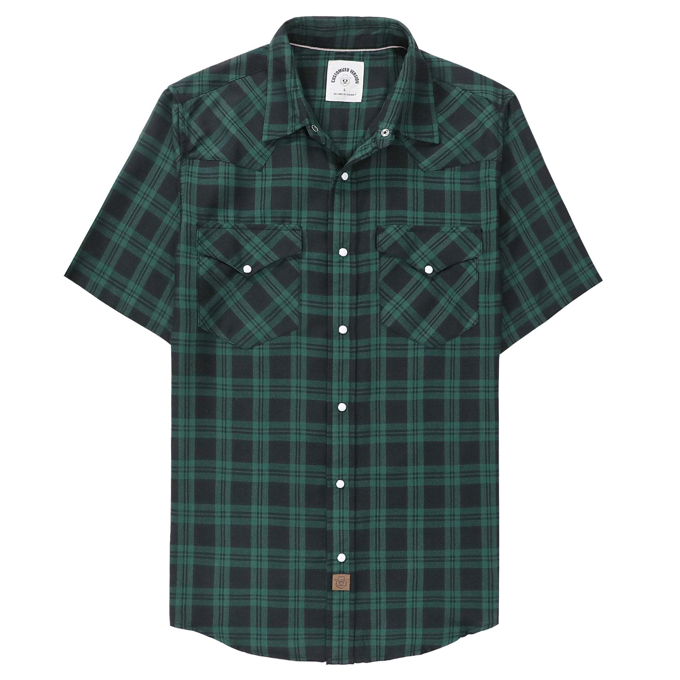 Dubinik?Bamboo Fiber Mens Shirts Short Sleeve Green Plaid Shirt Men Western Cowboy Pearl Snap Vintage Casual Plaid Shirt #29204