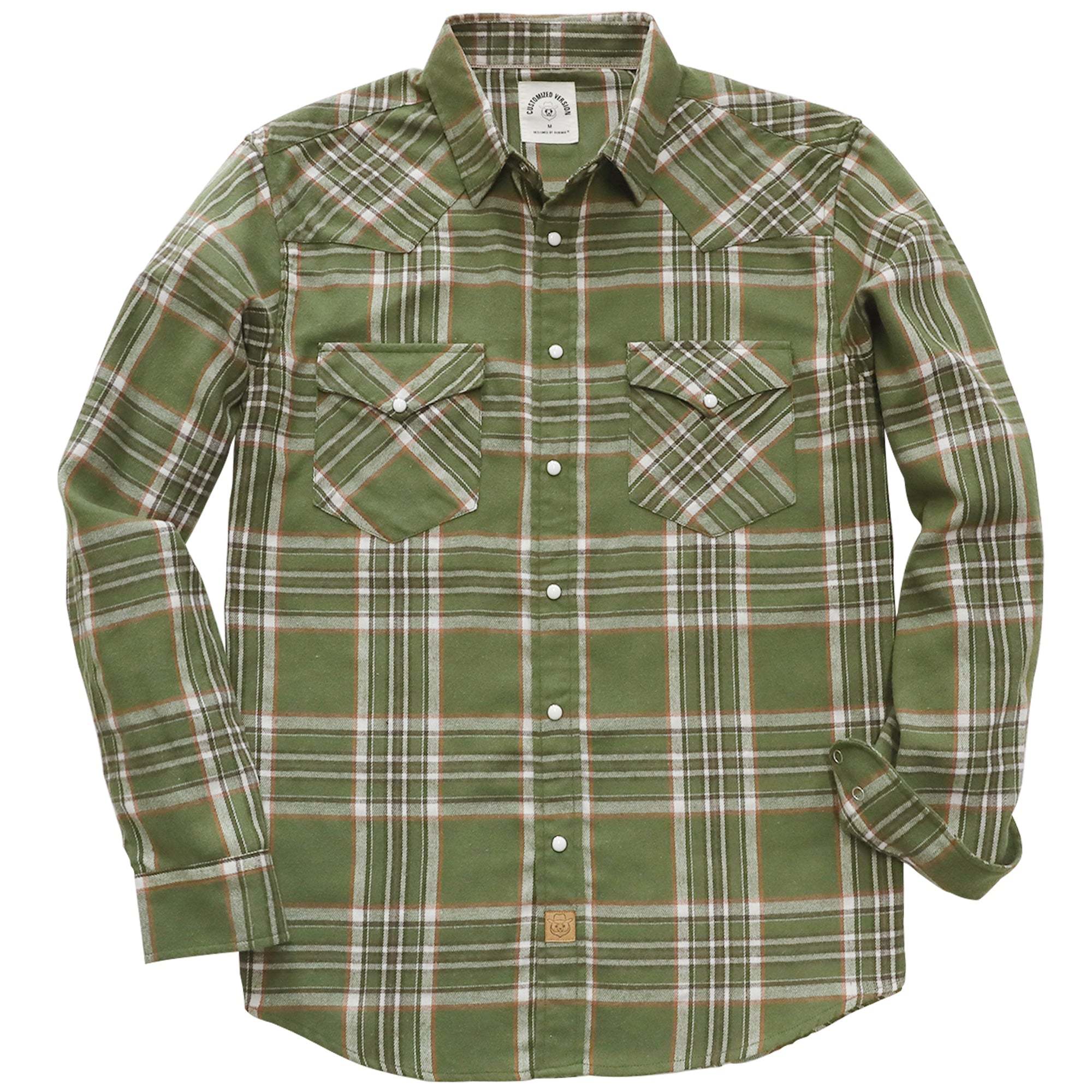 6oz Mens Army Green Flannel Long Sleeve Pearl Snap Buttons Western Cowboy Vintage Casual Shirts #2808