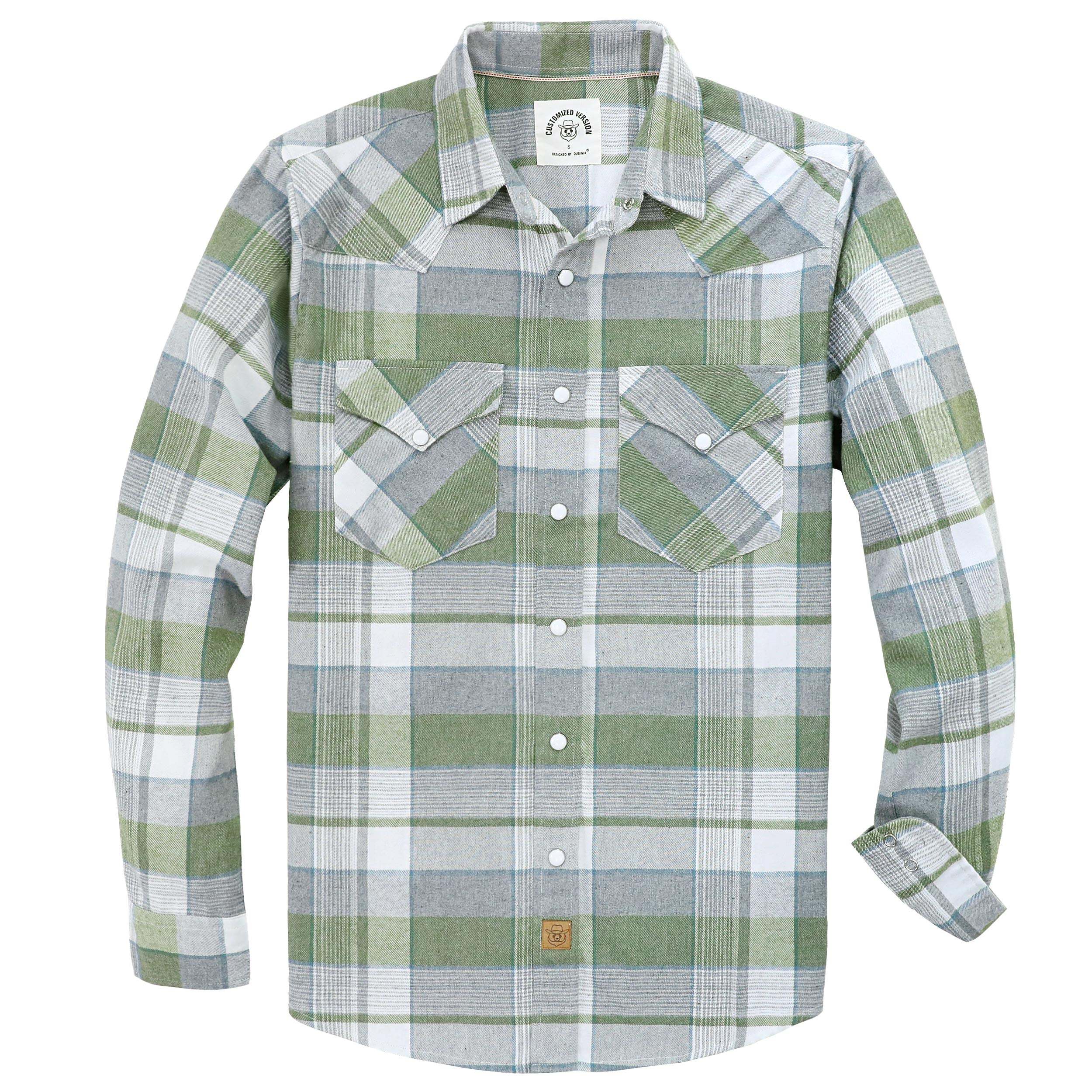 Dubinik? 6oz Green Grey Flannel Shirt For Men Western Cowboy Pearl Snap Shirts For Men Long Sleeve Vintage Buttons Down Plaid Shirt #28006