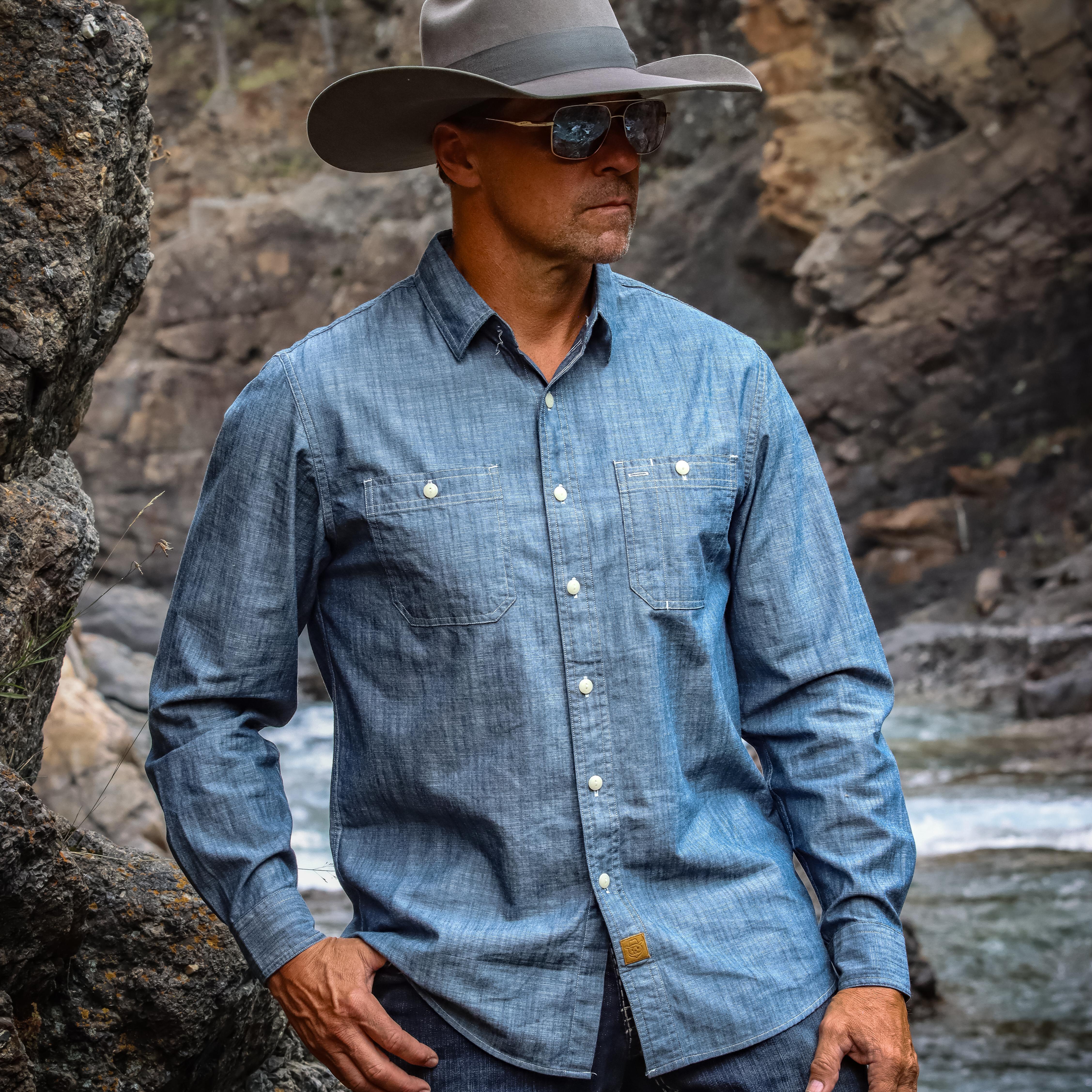 Tall size in stock now! Dubinik? 5.5oz Denim Blue Chambray Long Sleeve Button-Front Closure Pocket Cotton Workshirt#58004