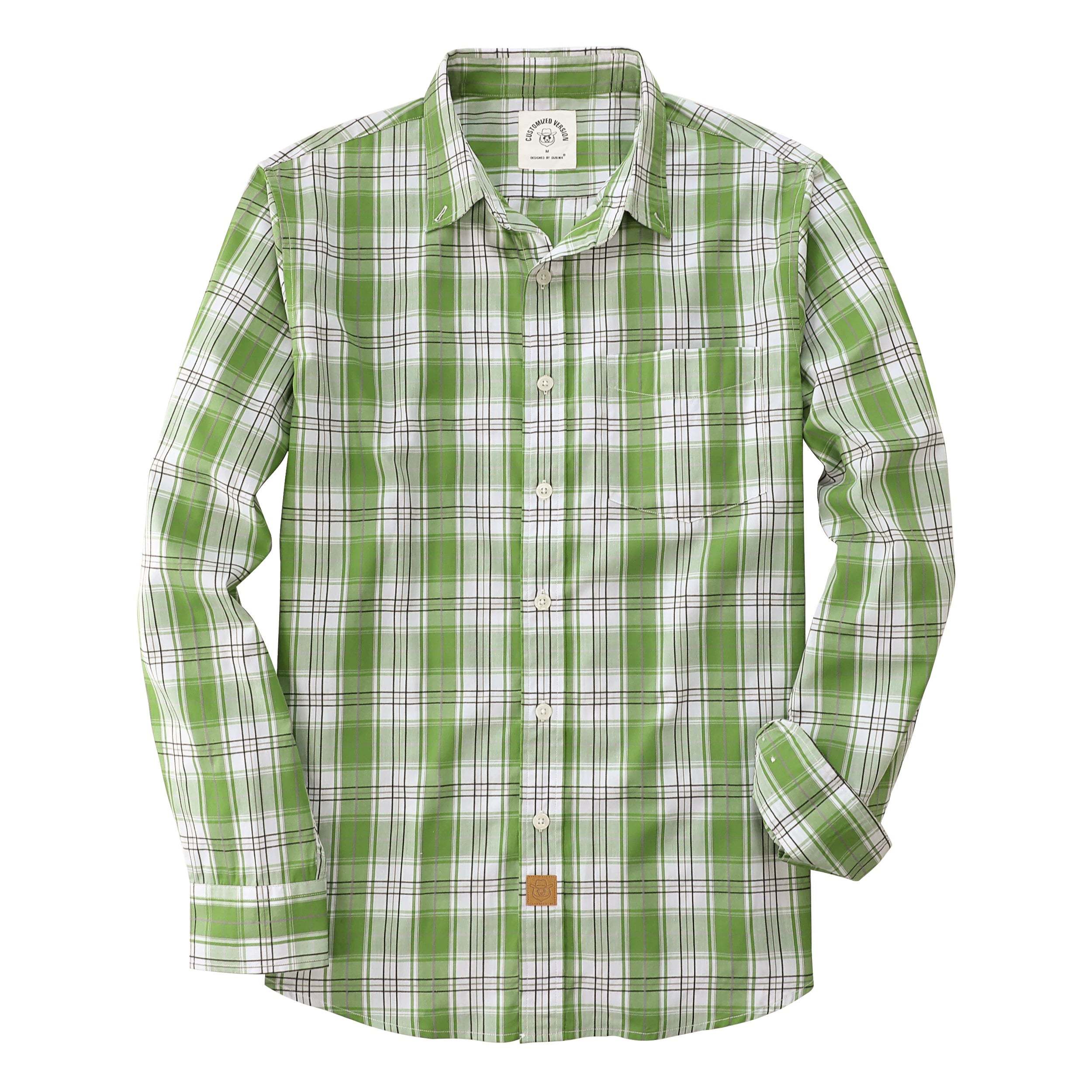 Dubinik? 3.2oz Mens Long Sleeve Casual Button Down Vintage Green Plaid Shirts#52022