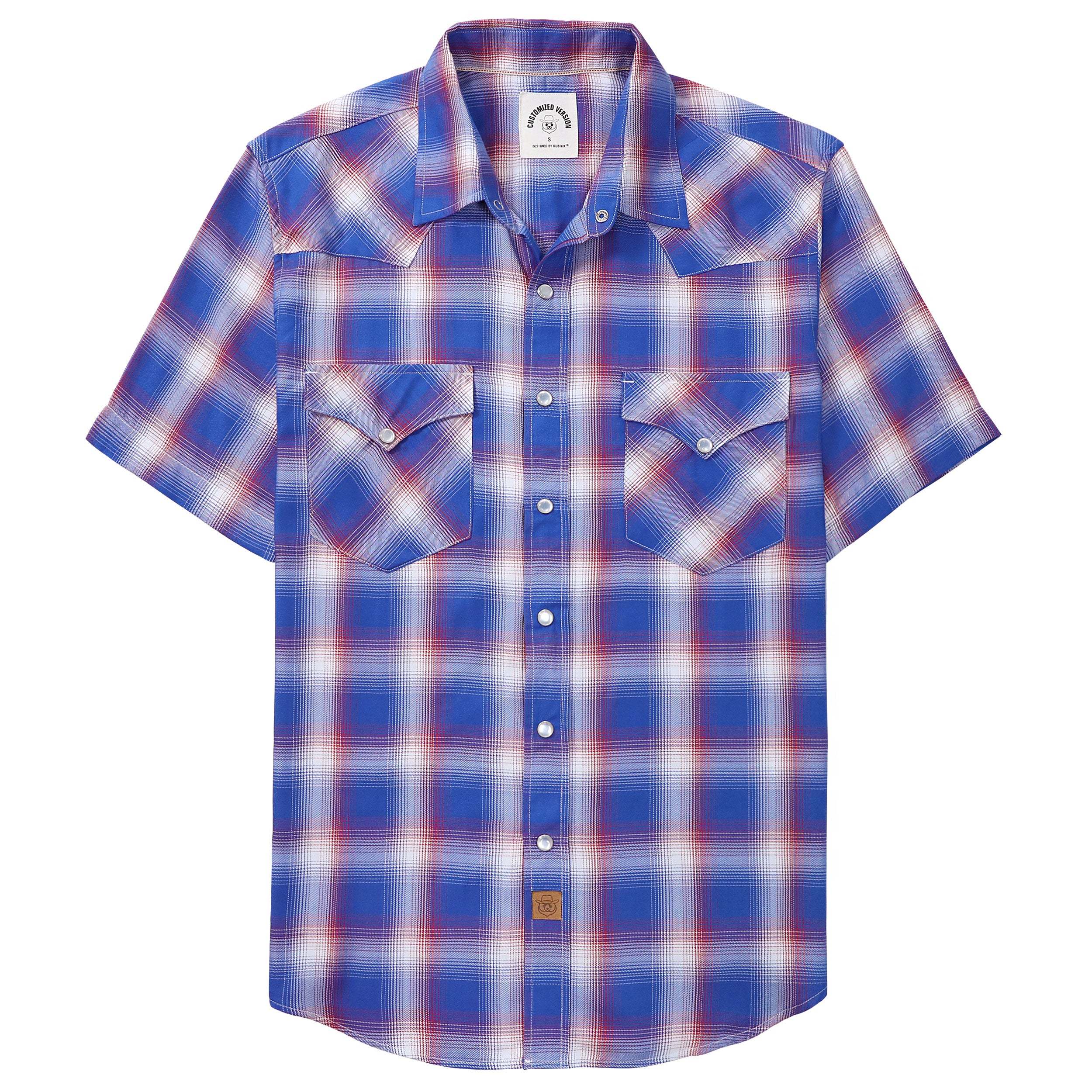 Dubinik?Bamboo Fiber Mens Shirts Short Sleeve Plaid Shirt Men Western Cowboy Pearl Snap Vintage Casual Plaid Shirt #2902