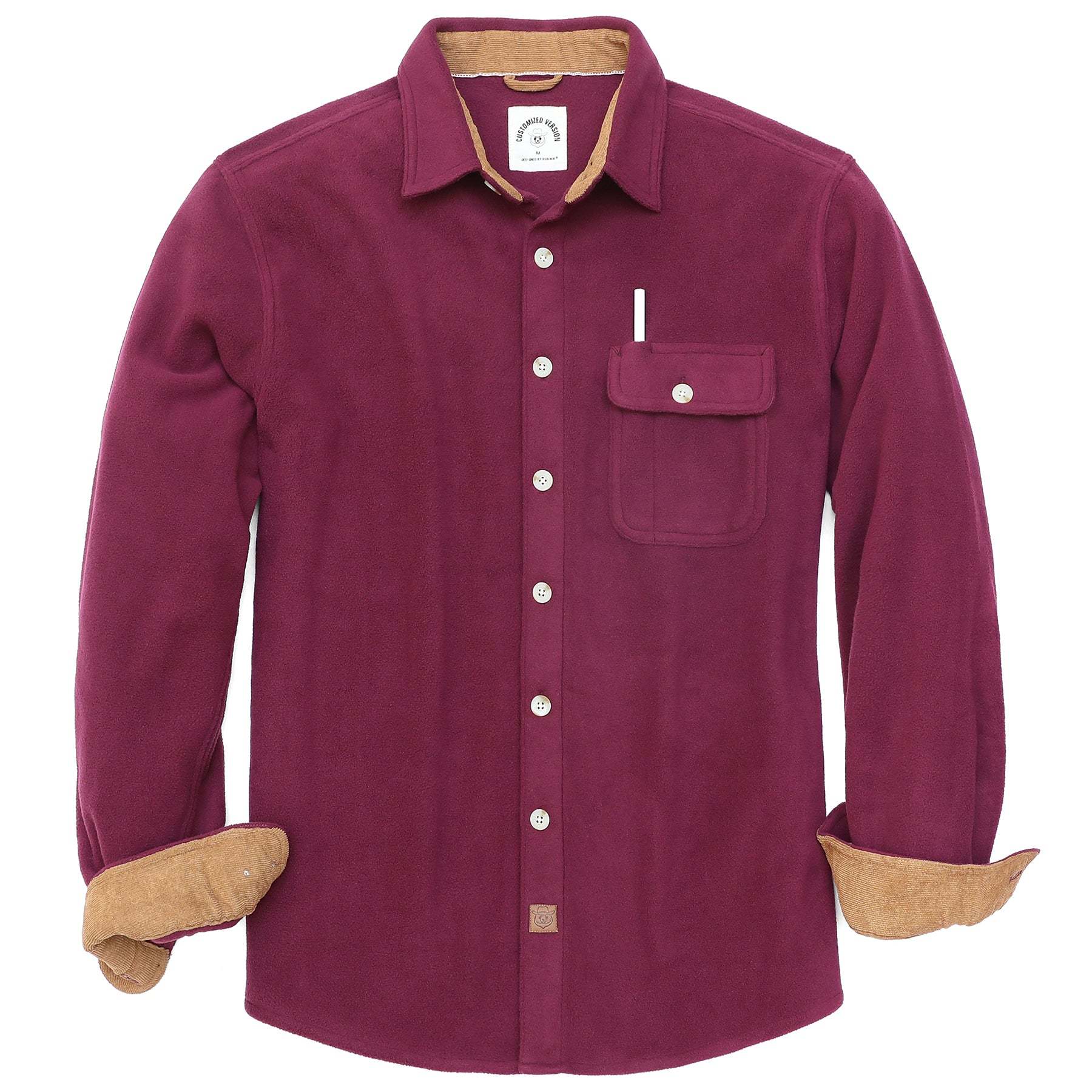 Mens Long Sleeve Burgundy Solid Fleece Shirt Casual Button Down Light-in-weight Shirt #0246