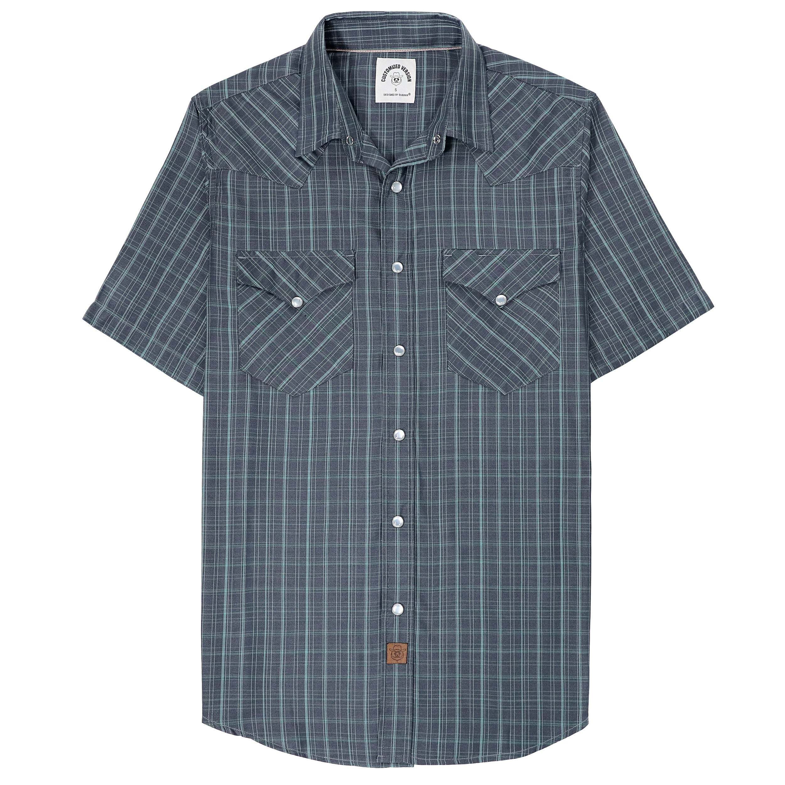Dubinik?Bamboo Fiber Mens Shirts Short Sleeve Plaid Shirt Men Western Cowboy Pearl Snap Vintage Casual Plaid Shirt #2915