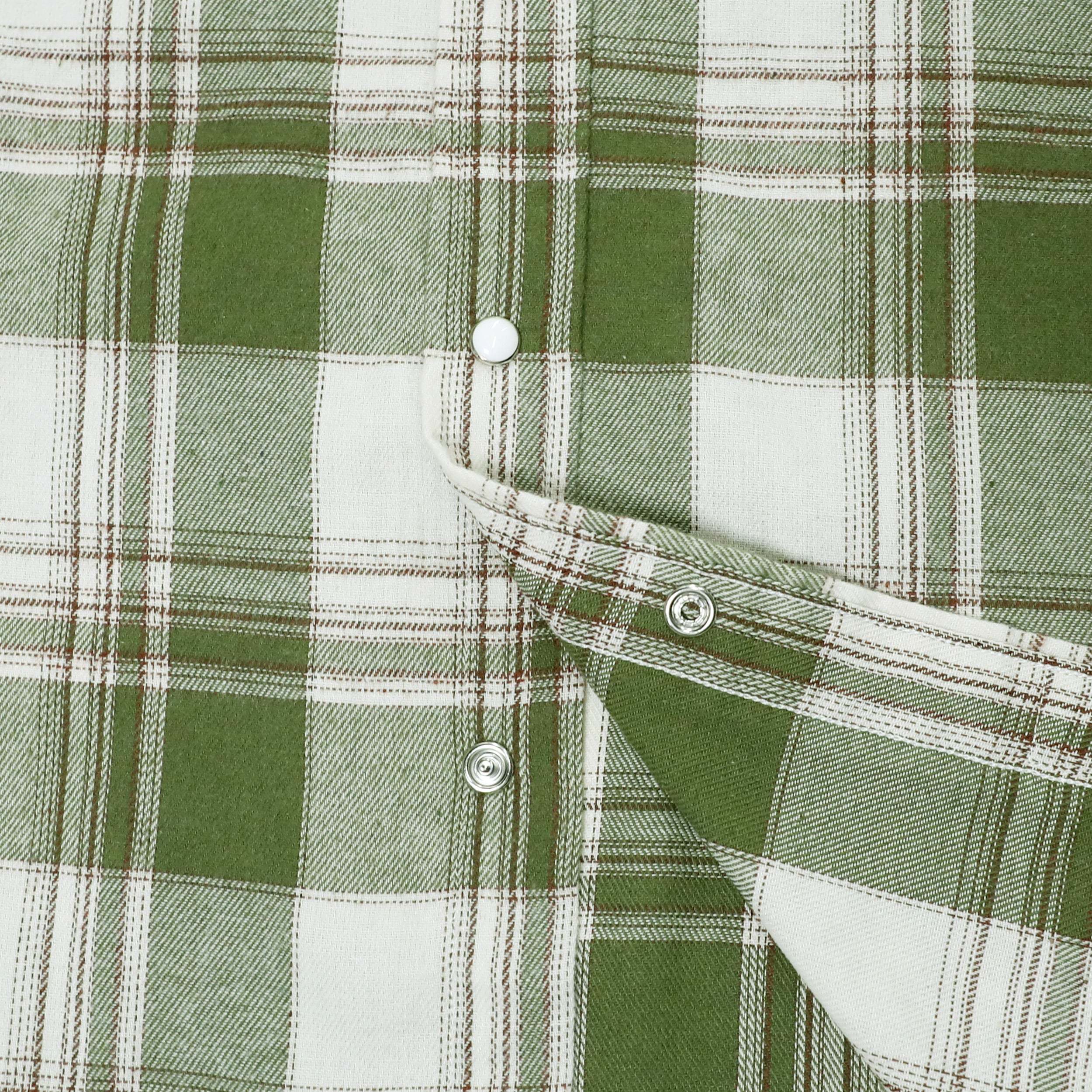 6oz Mens Green Flannel Long Sleeve Pearl Snap Buttons Western Cowboy Vintage Casual Shirts #2815