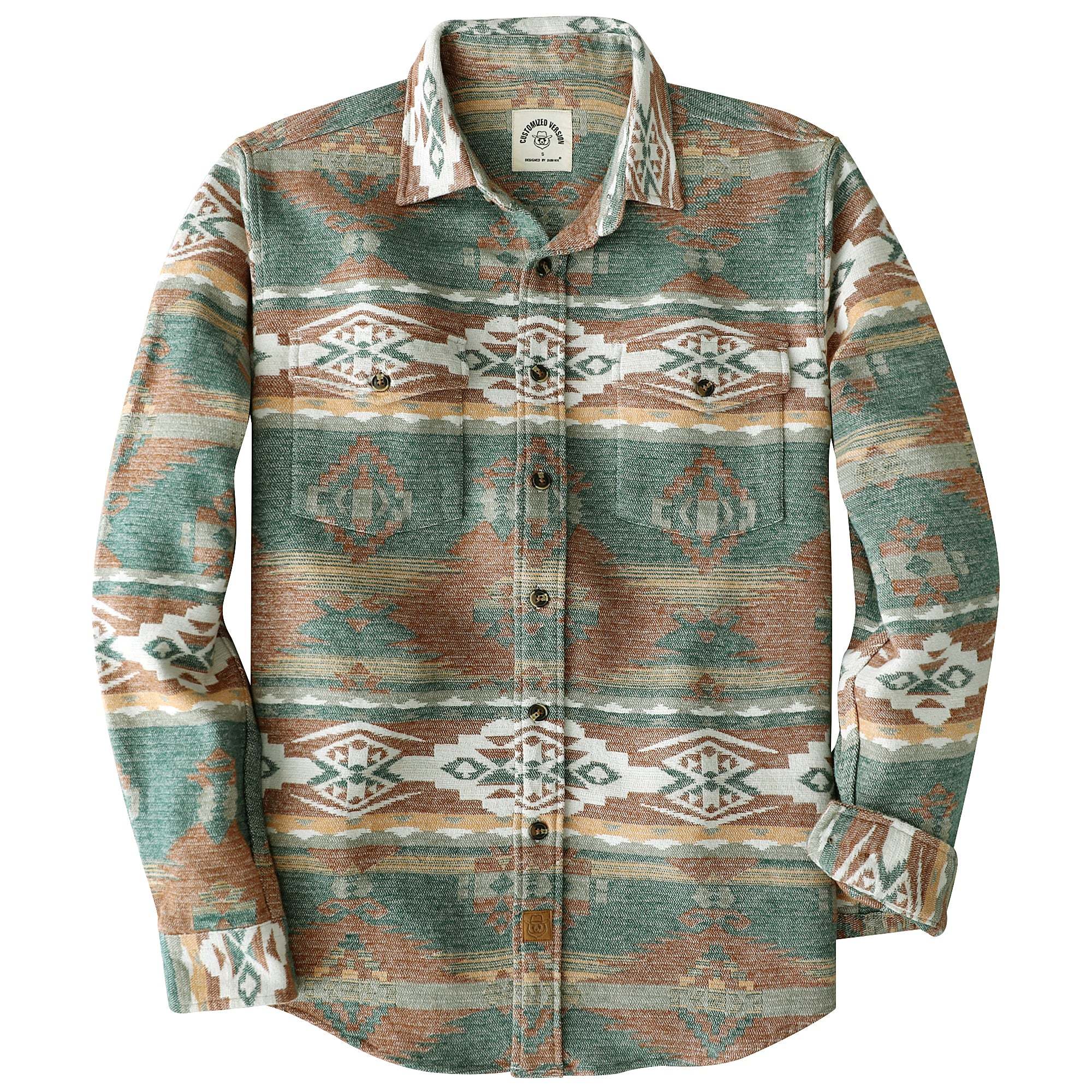Dubinik? 8.1oz Ultra Heavyweight Mens Aztec Orange Green Flannel Shirt Long Sleeve Button Down All Cotton Soft Brushed Cowboy Utility Casual Shirt Jacket#30027