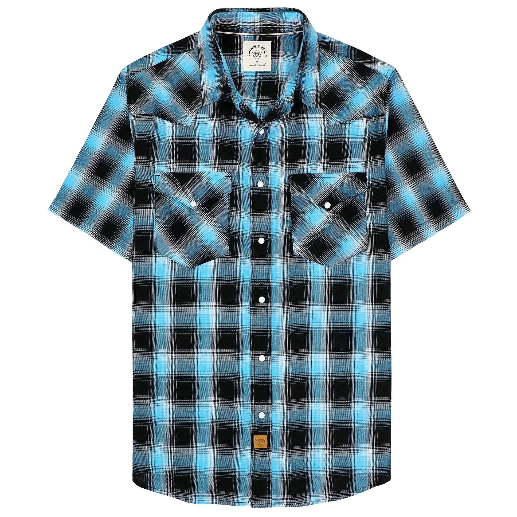 Dubinik?Bamboo Fiber Mens Shirts Short Sleeve Plaid Shirt Men Western Cowboy Pearl Snap Vintage Casual Plaid Shirt #2903