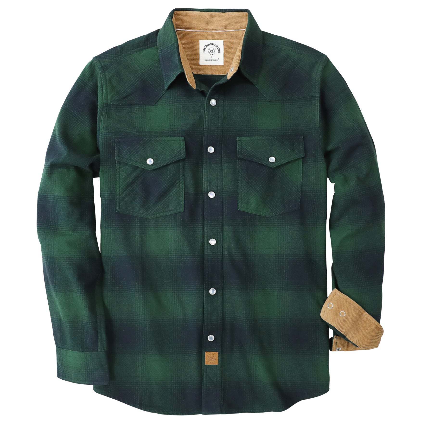 Dubinik? 6oz Men's Long Sleeve Pearl Snap Midweight Green Flannel Casual Western Cowboy Plaid Shirts 100% Cotton#36016