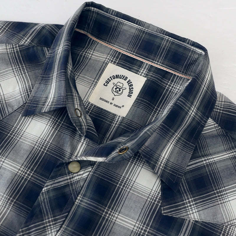 Dubinik? Men's Pearl Snap Sawtooth Pocket Western Plaid Shirt Short Sleeve#47019