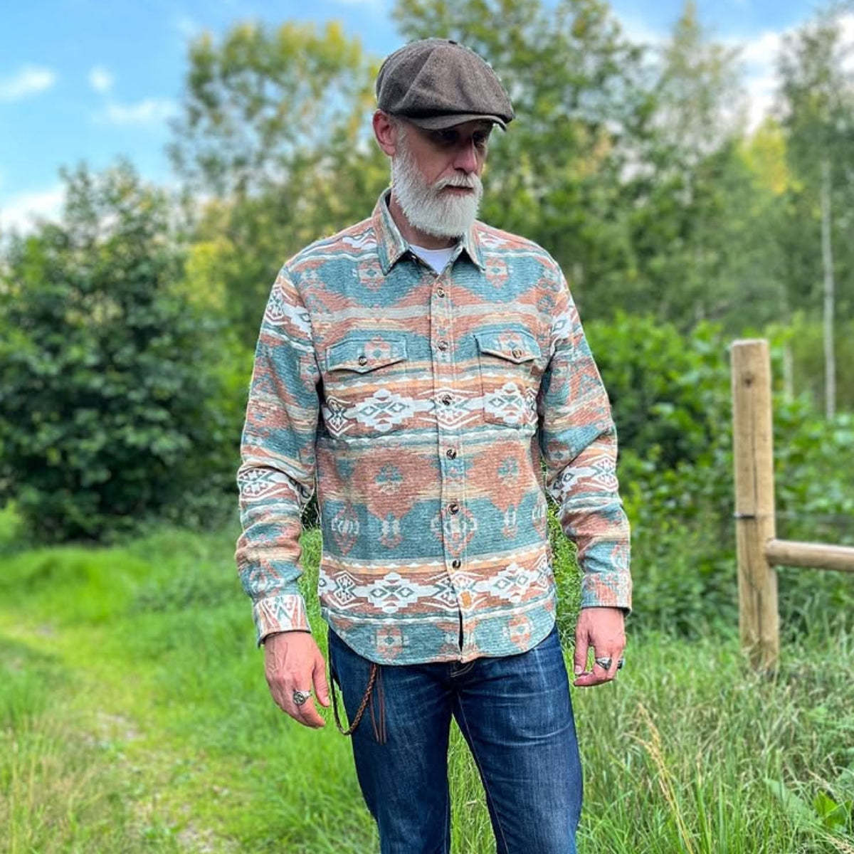 Dubinik? 8.1oz Ultra Heavyweight Mens Aztec Orange Green Flannel Shirt Long Sleeve Button Down All Cotton Soft Brushed Cowboy Utility Casual Shirt Jacket#30027