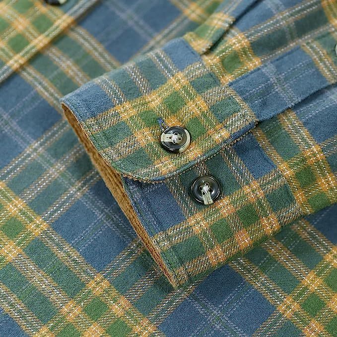 6oz Mens Midweight Green Flannel Shirts Long Sleeve Casual Button Down Brushed 100% Cotton Shirt#10113