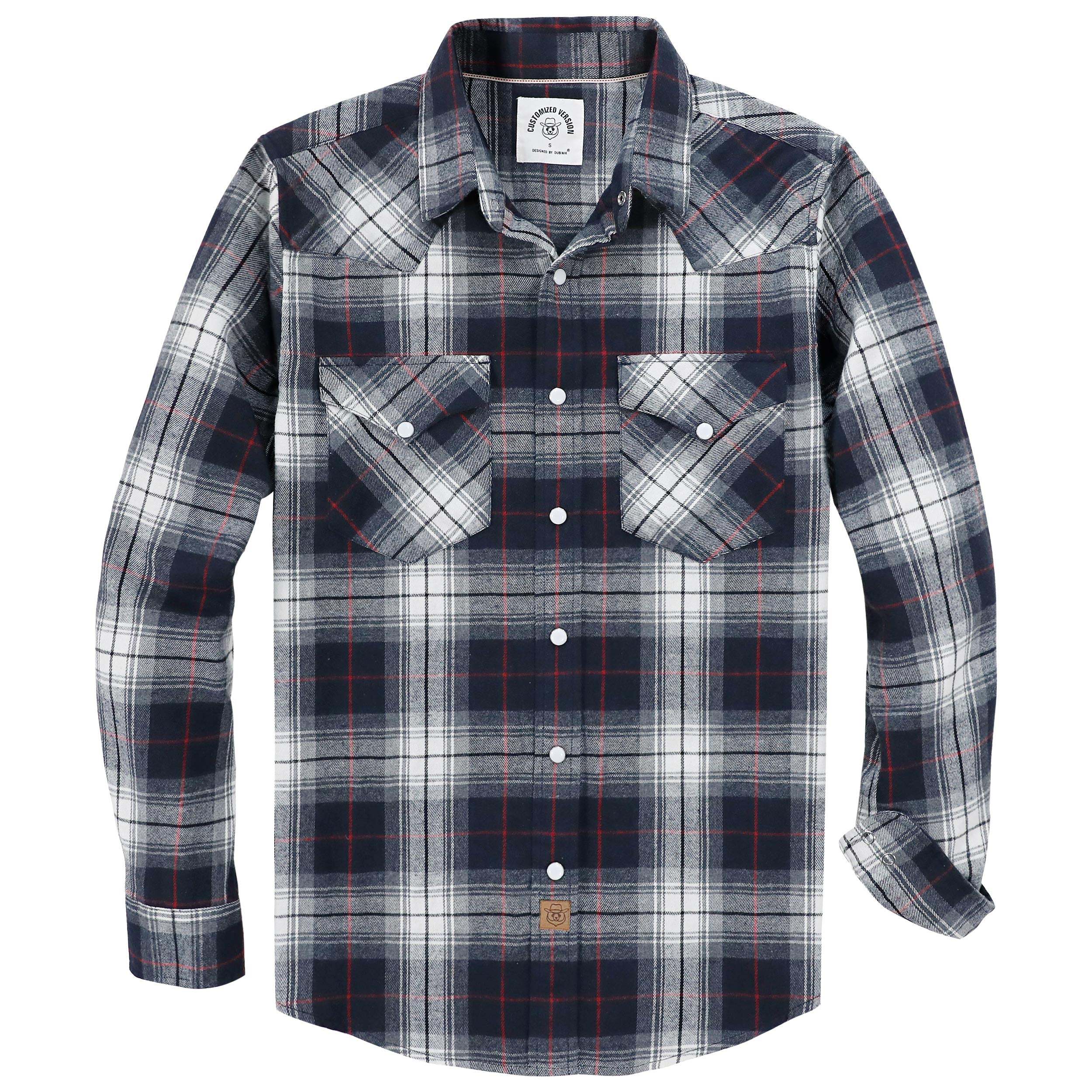 Dubinik? 6oz Flannel Shirt for Men Western Cowboy Pearl Snap Shirts for Men Long Sleeve Vintage Buttons Down Plaid Shirt#28804