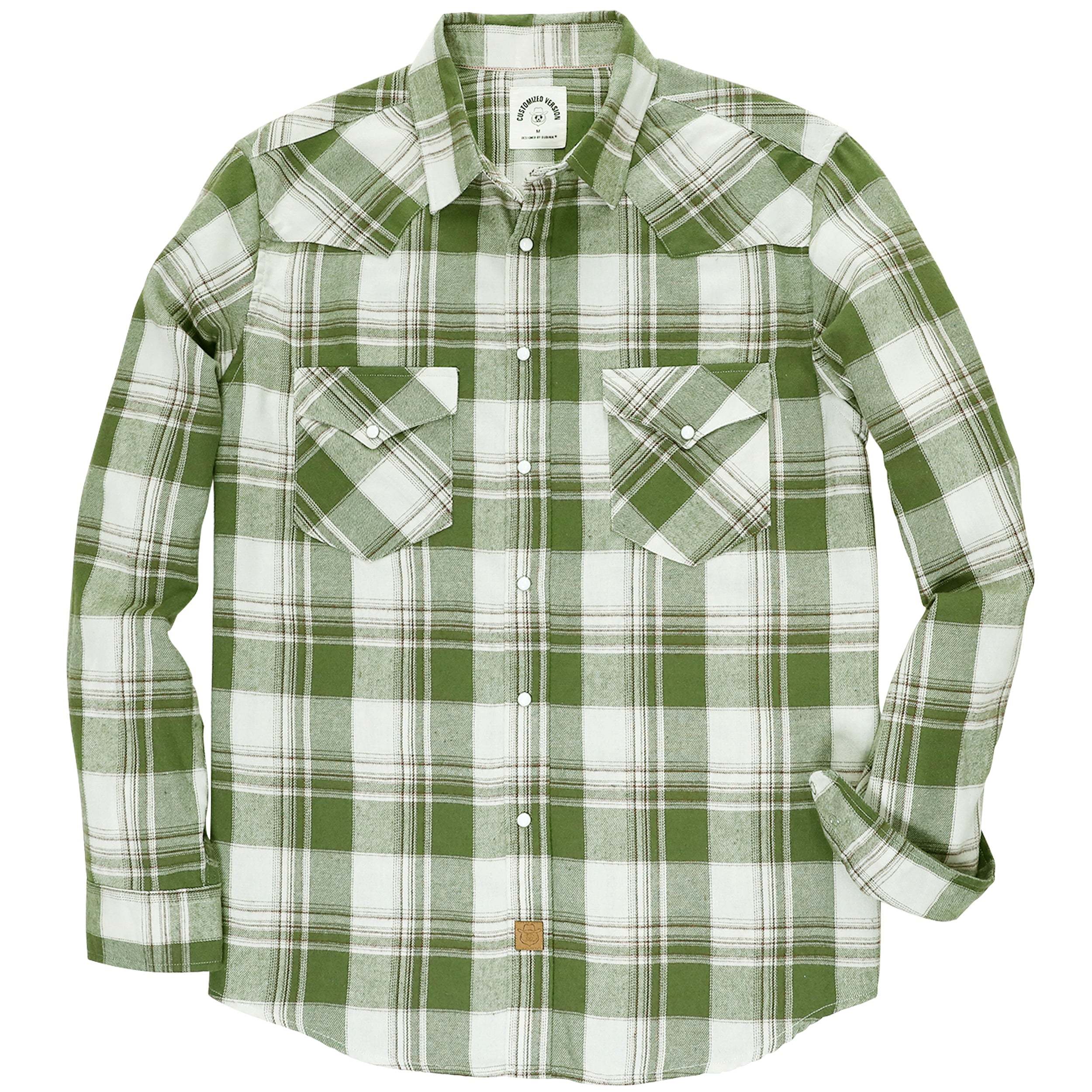 6oz Mens Green Flannel Long Sleeve Pearl Snap Buttons Western Cowboy Vintage Casual Shirts #2815