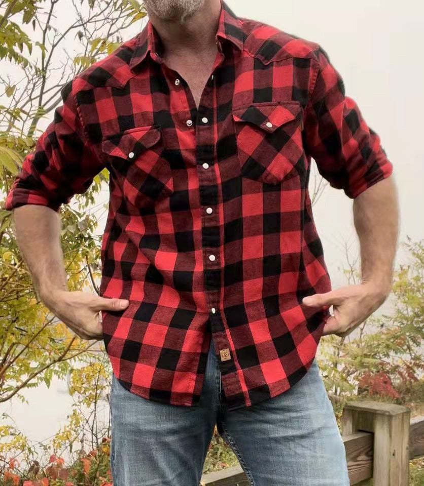 6oz Mens Buffalo Plaid Flannel Long Sleeve Pearl Snap Buttons Western Cowboy Vintage Casual Shirts #2802