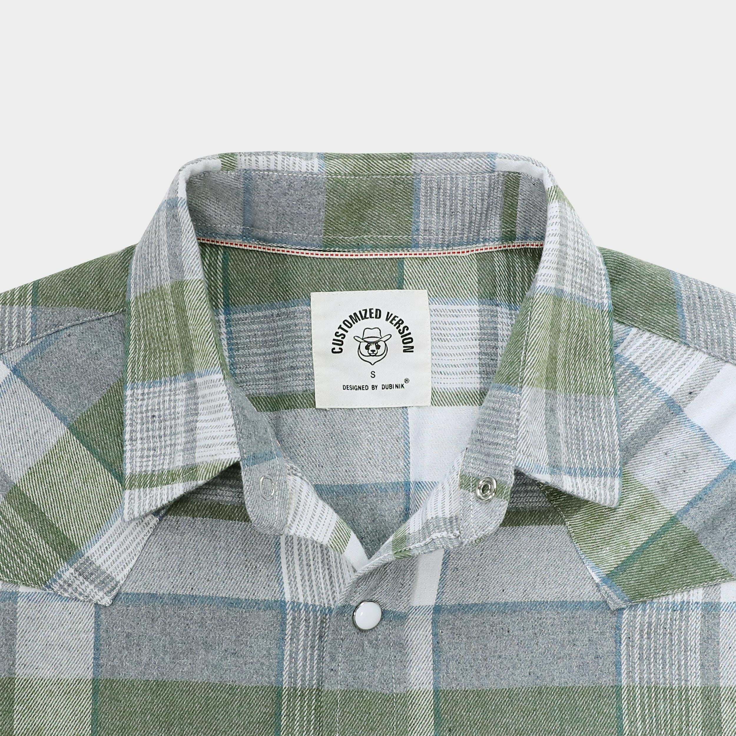 Dubinik? 6oz Green Grey Flannel Shirt For Men Western Cowboy Pearl Snap Shirts For Men Long Sleeve Vintage Buttons Down Plaid Shirt #28006
