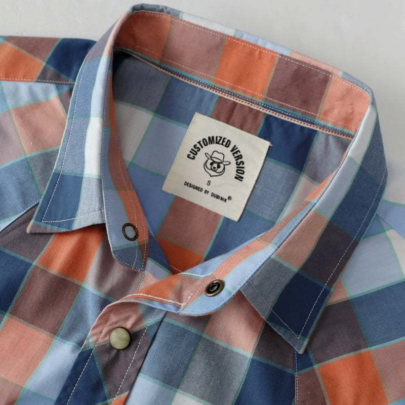 Dubinik? Men's Pearl Snap Sawtooth Pocket Western Plaid Shirt Short Sleeve#47020